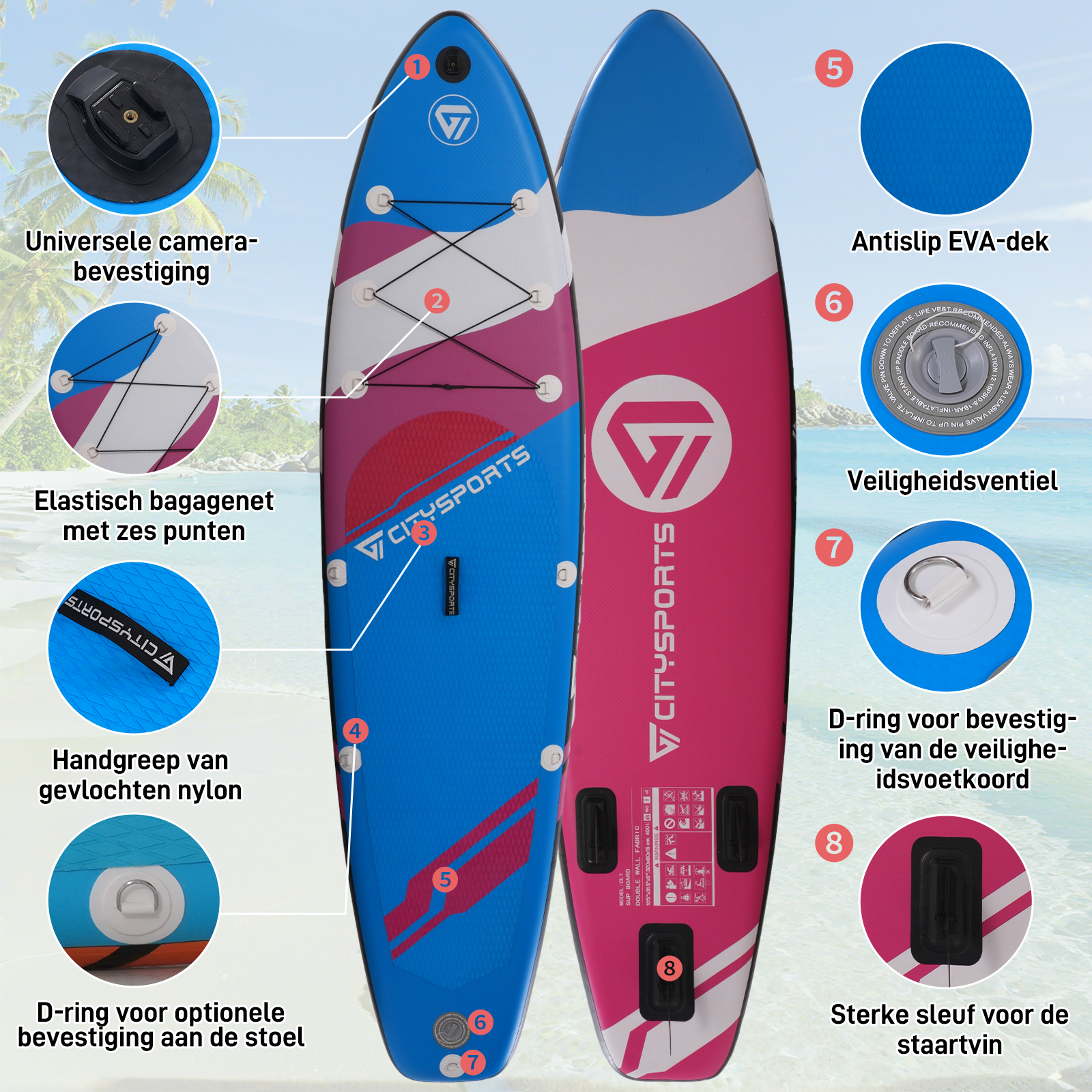 Une planche à pagaie bleue et rose avec des détails sur les caractéristiques, y compris le support de caméra et les anneaux en D.