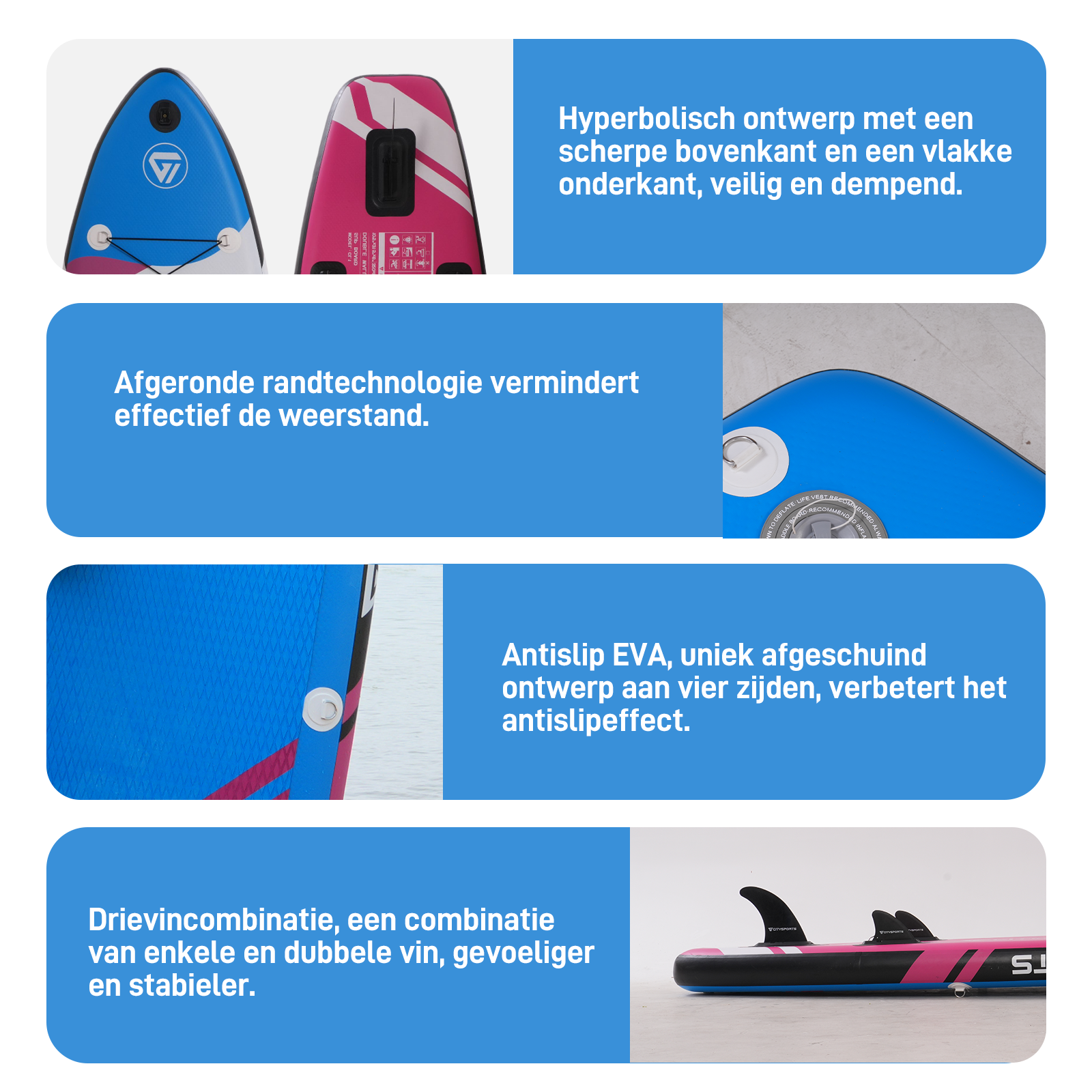 L'image montre les détails du paddle : design tranchant, bords arrondis, surface antidérapante et doubles ailerons pour la stabilité.