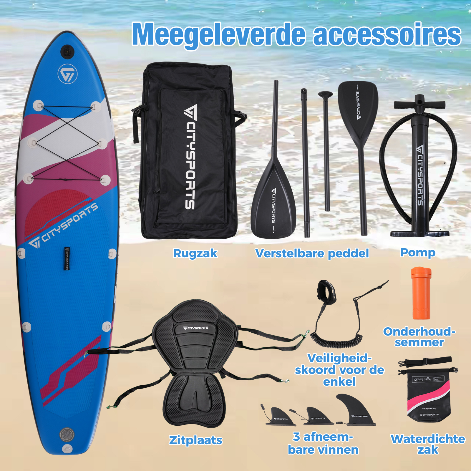 Accessoires pour un paddle : sac à dos, pagaie, pompe, kit de réparation, siège, laisse de cheville, ailerons et sac étanche.