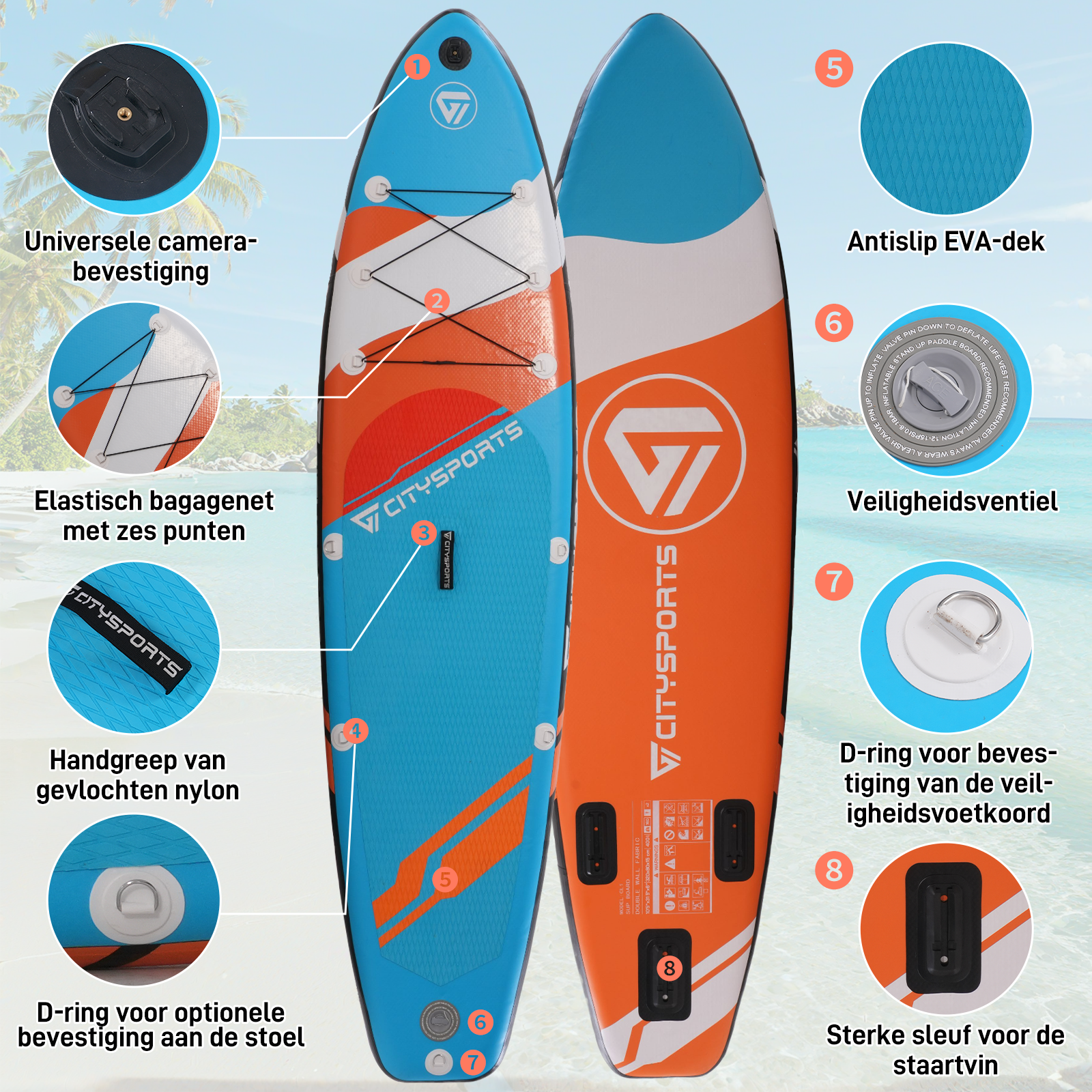 Caractéristiques du paddle : support caméra, cordons élastiques, poignée, anneaux D, pont antidérapant et emplacement pour aileron.