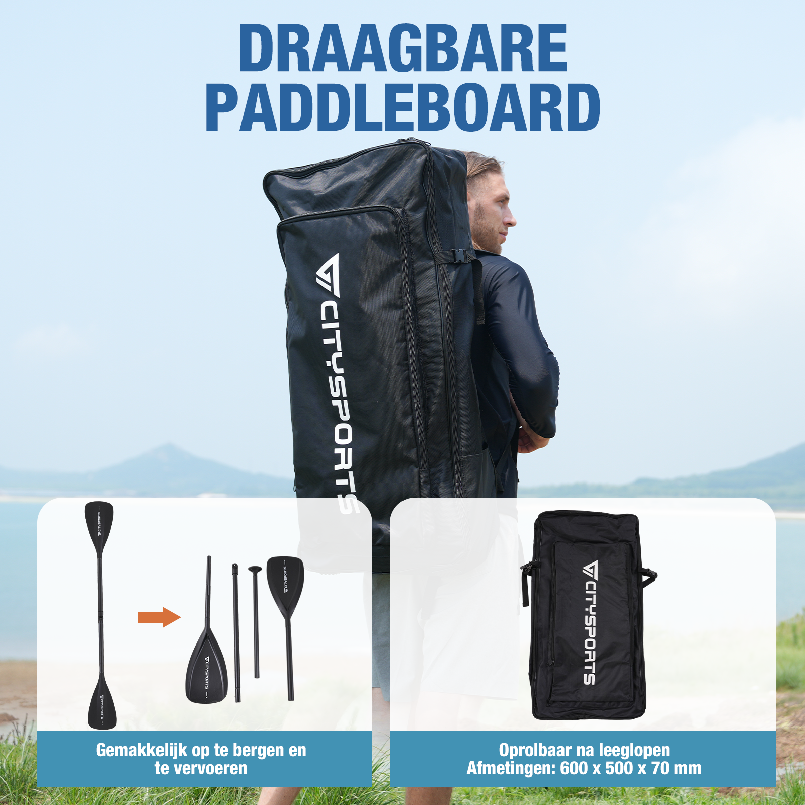 Homme portant un sac de paddle. La pagaie et le sac sont montrés avec des dimensions pour le stockage et le transport.