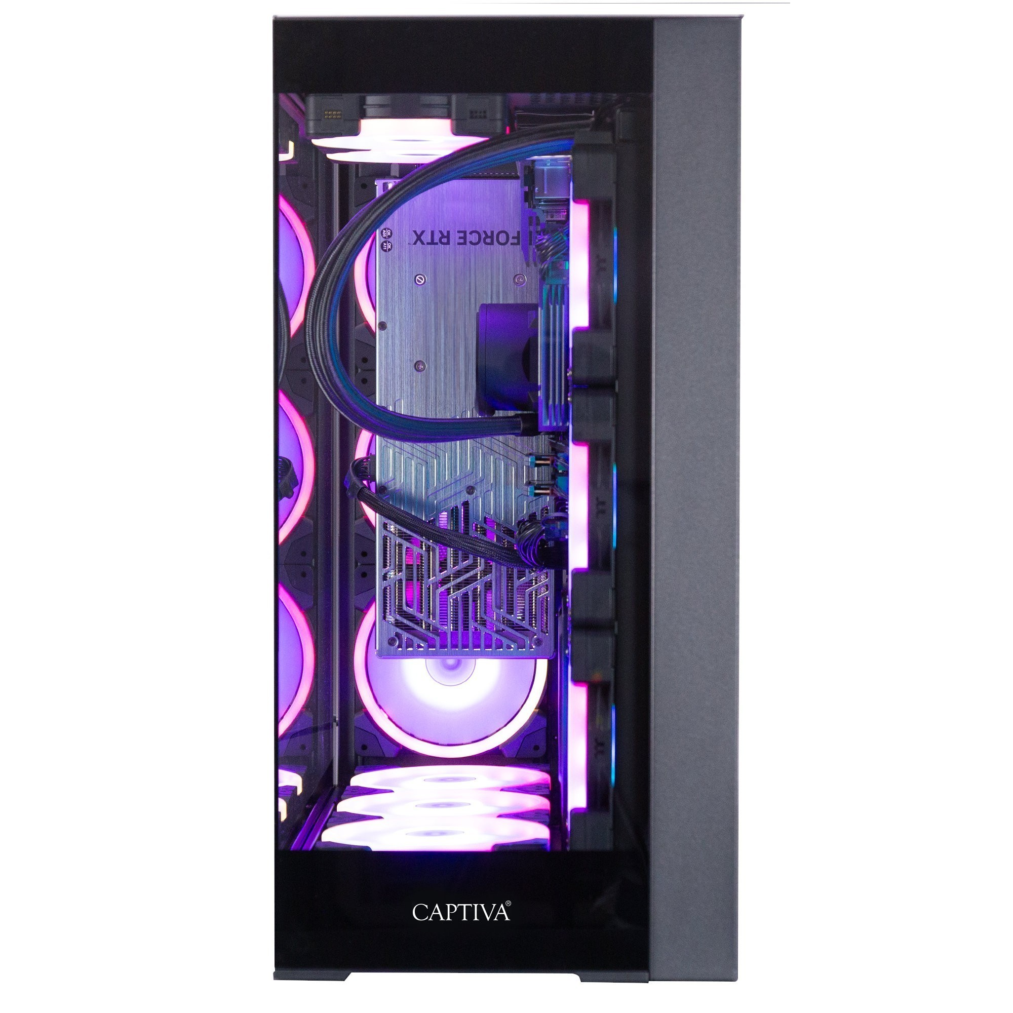 Un case per computer con un pannello laterale in vetro che mostra i componenti interni, tra cui una scheda grafica e ventole con luci colorate.