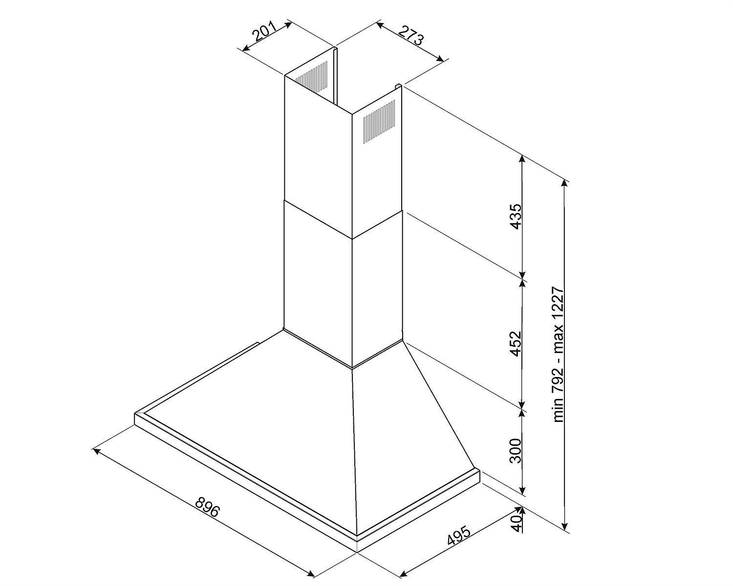 Dibujo técnico isométrico de una campana extractora con dimensiones.