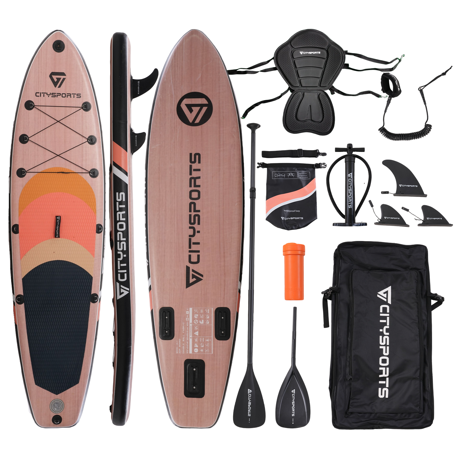 Deska SUP z akcesoriami. Deska jest jasnobrązowa z pomarańczowymi i beżowymi akcentami.