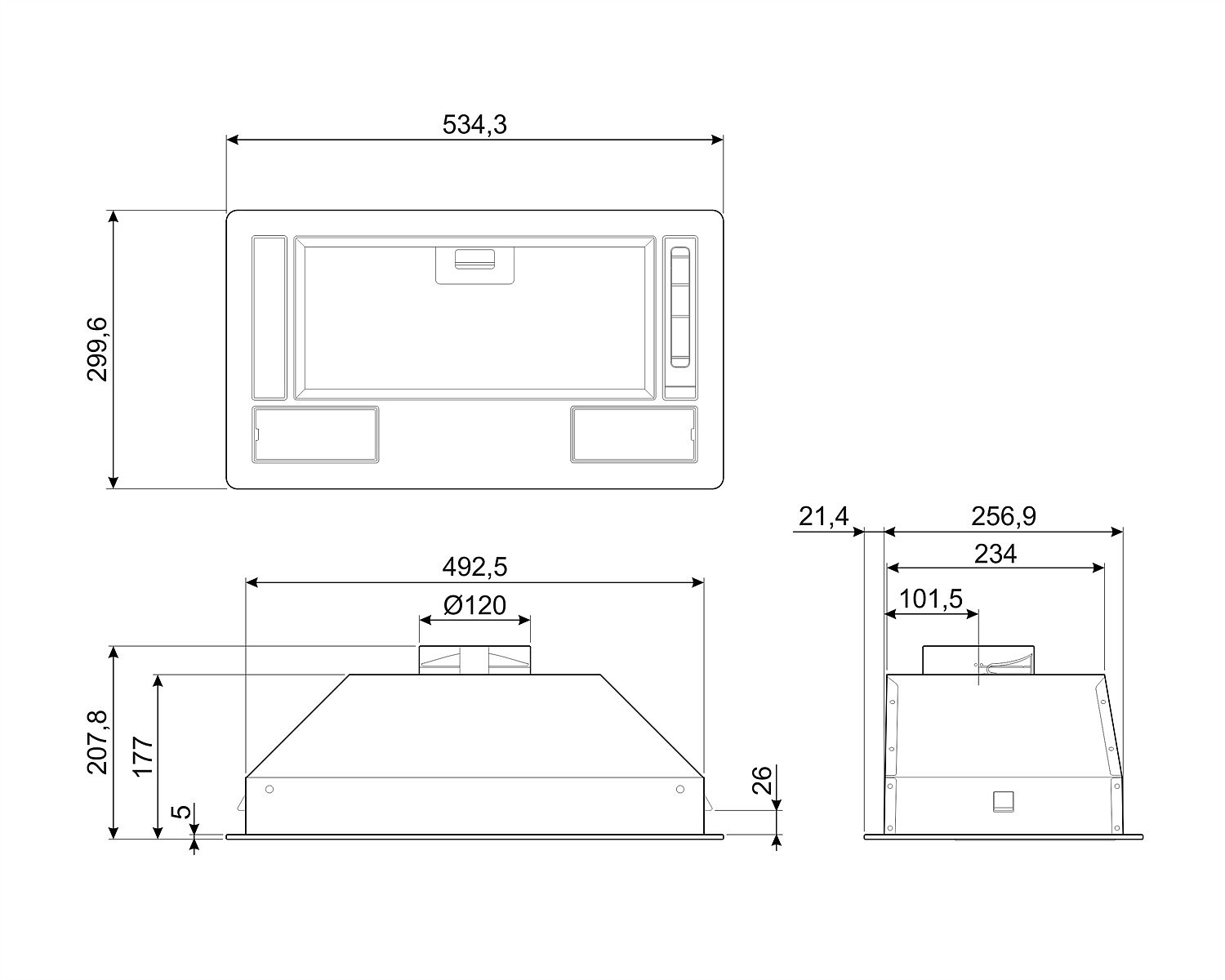 Dibujo técnico de una campana extractora rectangular con dimensiones.