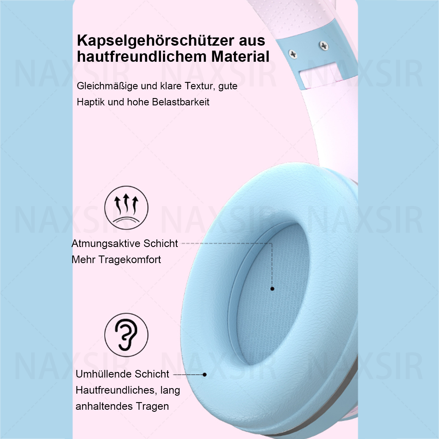 Nahaufnahme von blauen Kopfhörern mit weißen Akzenten und Text.