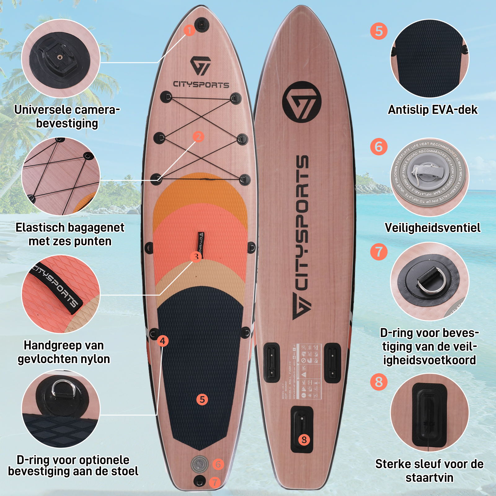 Twee stand-up paddleboards en accessoires. Boards zijn lichtbruin met oranje en beige accenten.