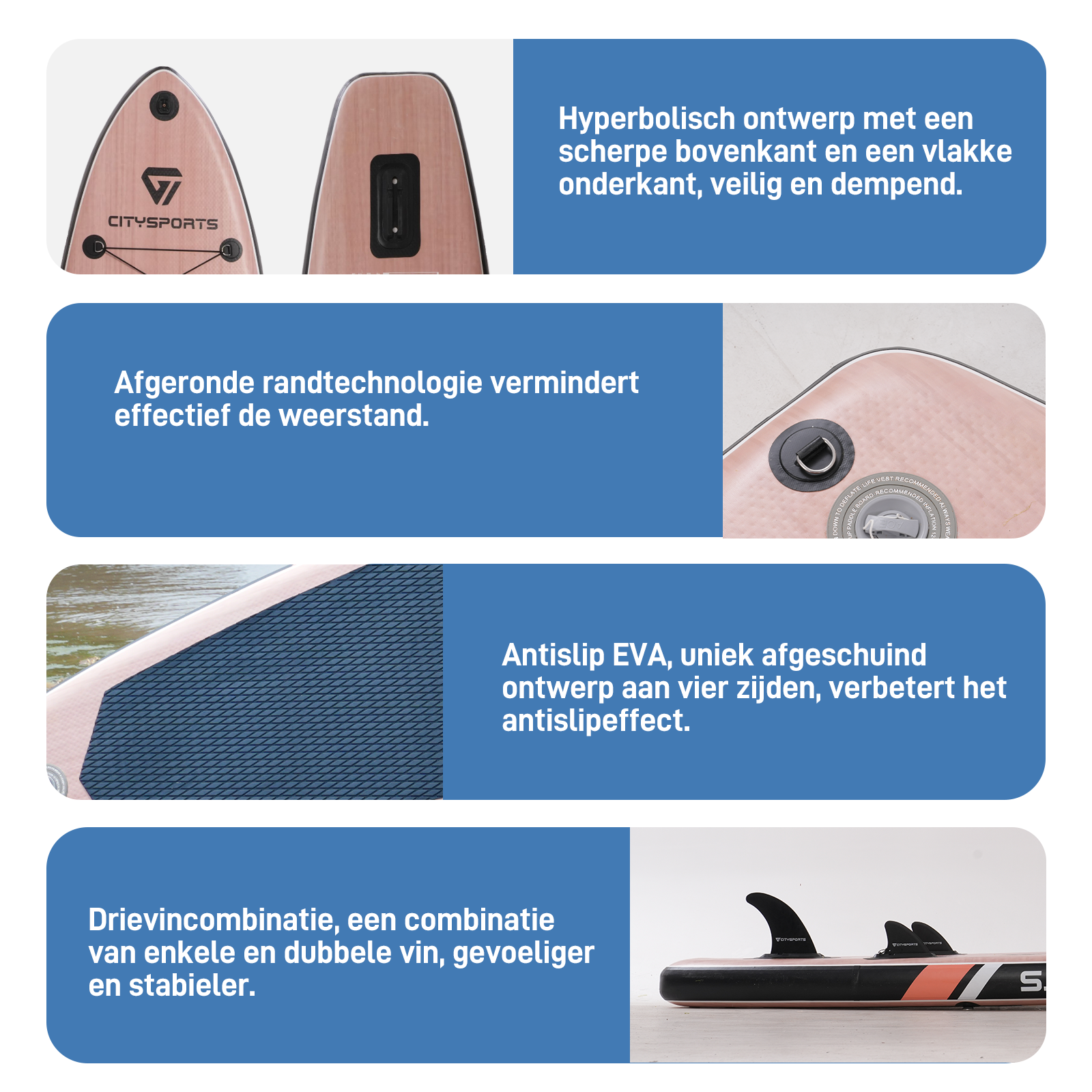 Een infographic met details van een stand-up paddleboard met tekst.