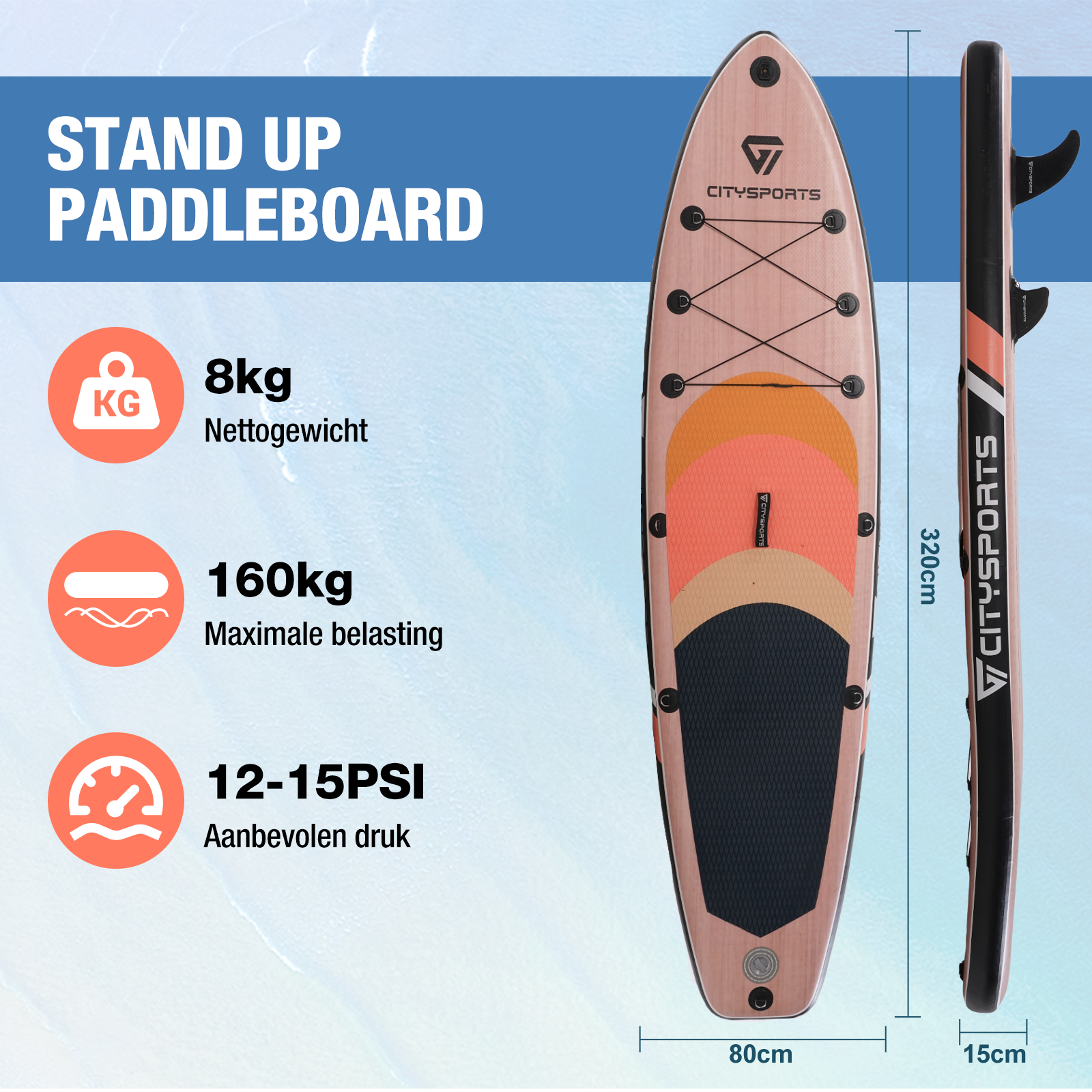 Stand-up paddleboard met tekst en afmetingen. Board is lichtbruin met oranje accenten.