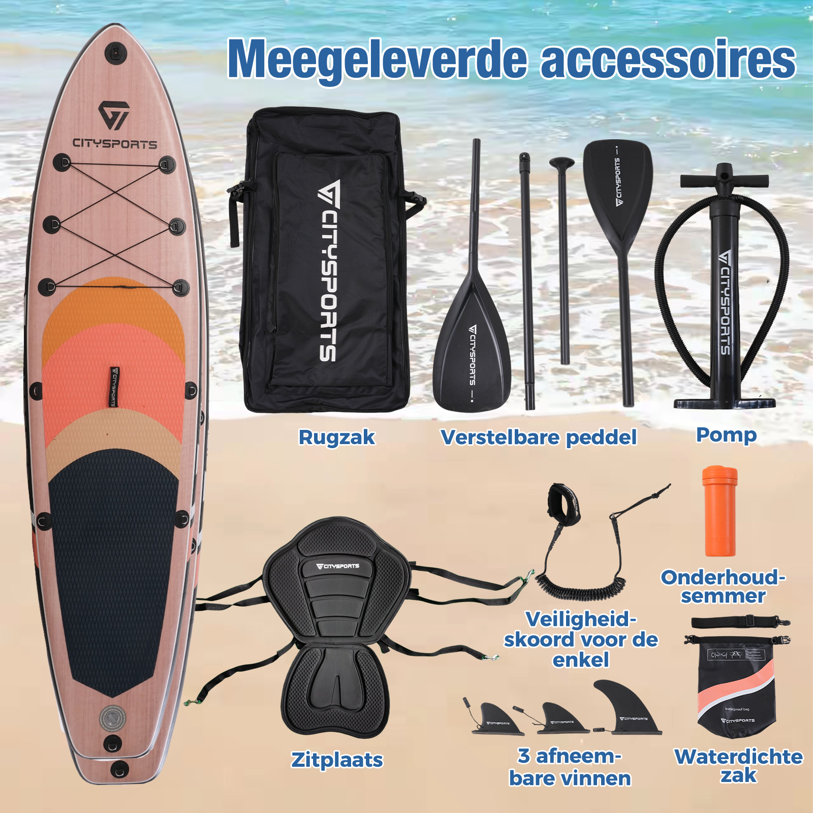 Een stand-up paddleboard en accessoires. Artikelen zijn onder meer een peddel, pomp, stoel, vinnen en een tas.