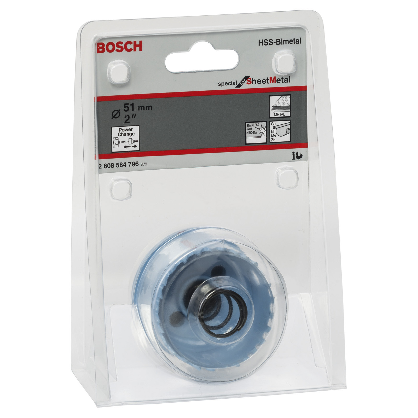 Eine transparente Kunststoffverpackung mit einer blauen Lochsäge. Die Verpackung trägt den Markennamen Bosch.