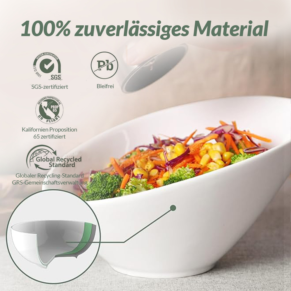 Eine weiße Schüssel mit farbenfrohem Salat, mit Text über Zertifizierungen.