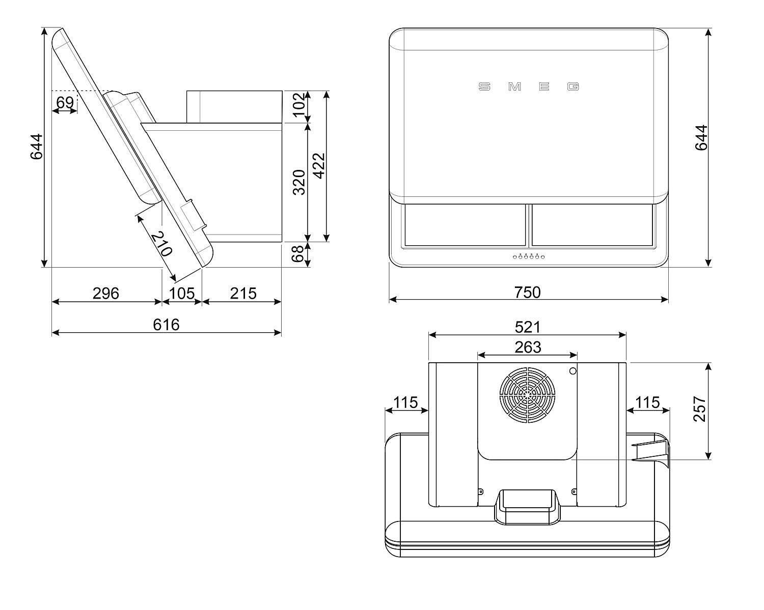 Dibujo técnico de una campana extractora con dimensiones.