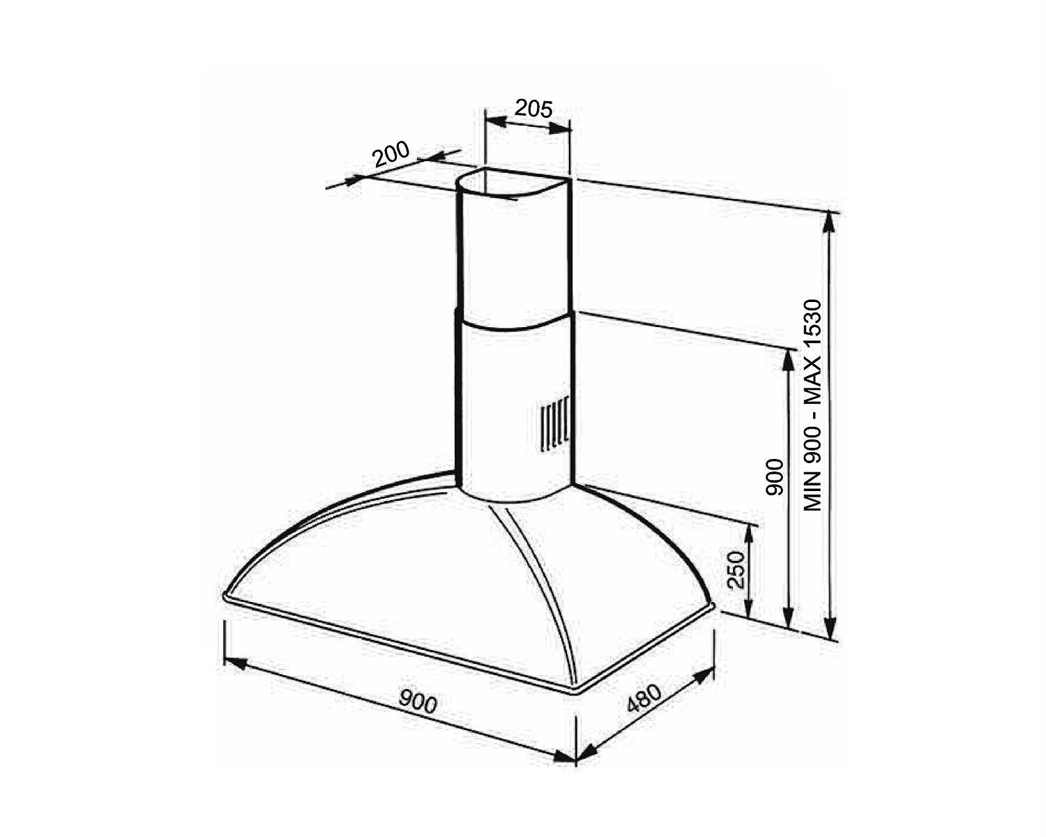 Dibujo técnico de una campana extractora con dimensiones.