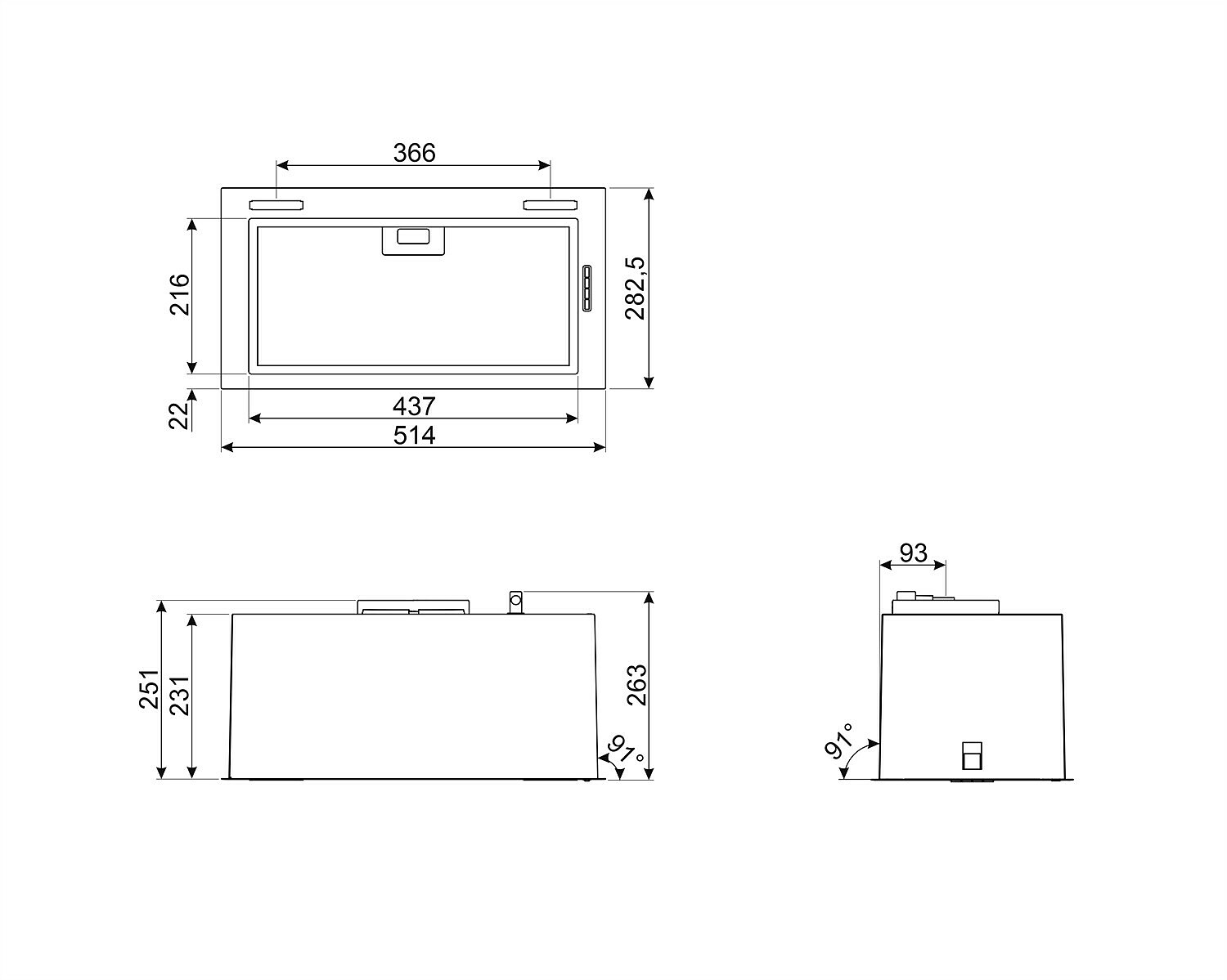 Dibujo técnico de una campana extractora con dimensiones.