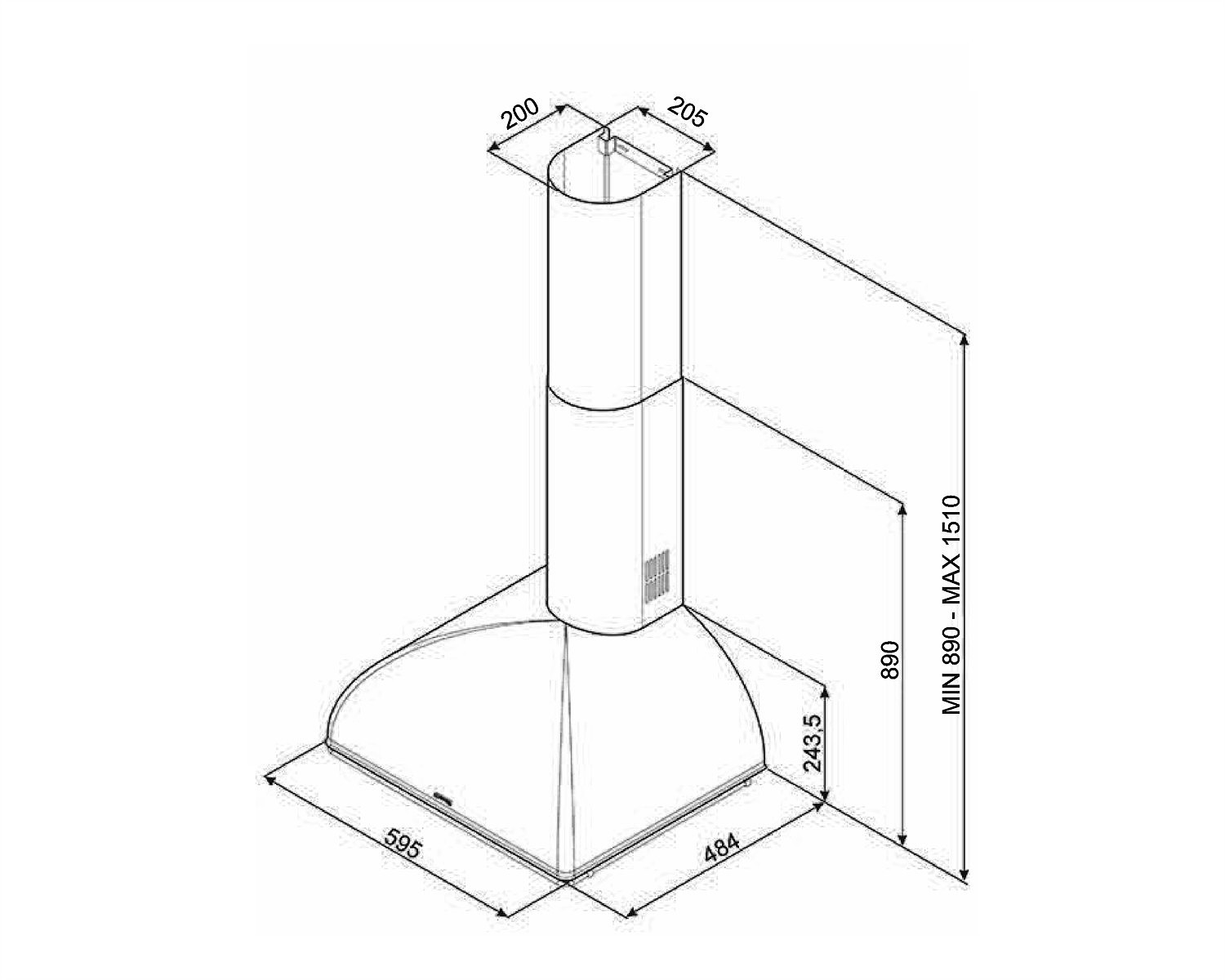 Diagrama de una campana extractora de chimenea desde múltiples ángulos con dimensiones.
