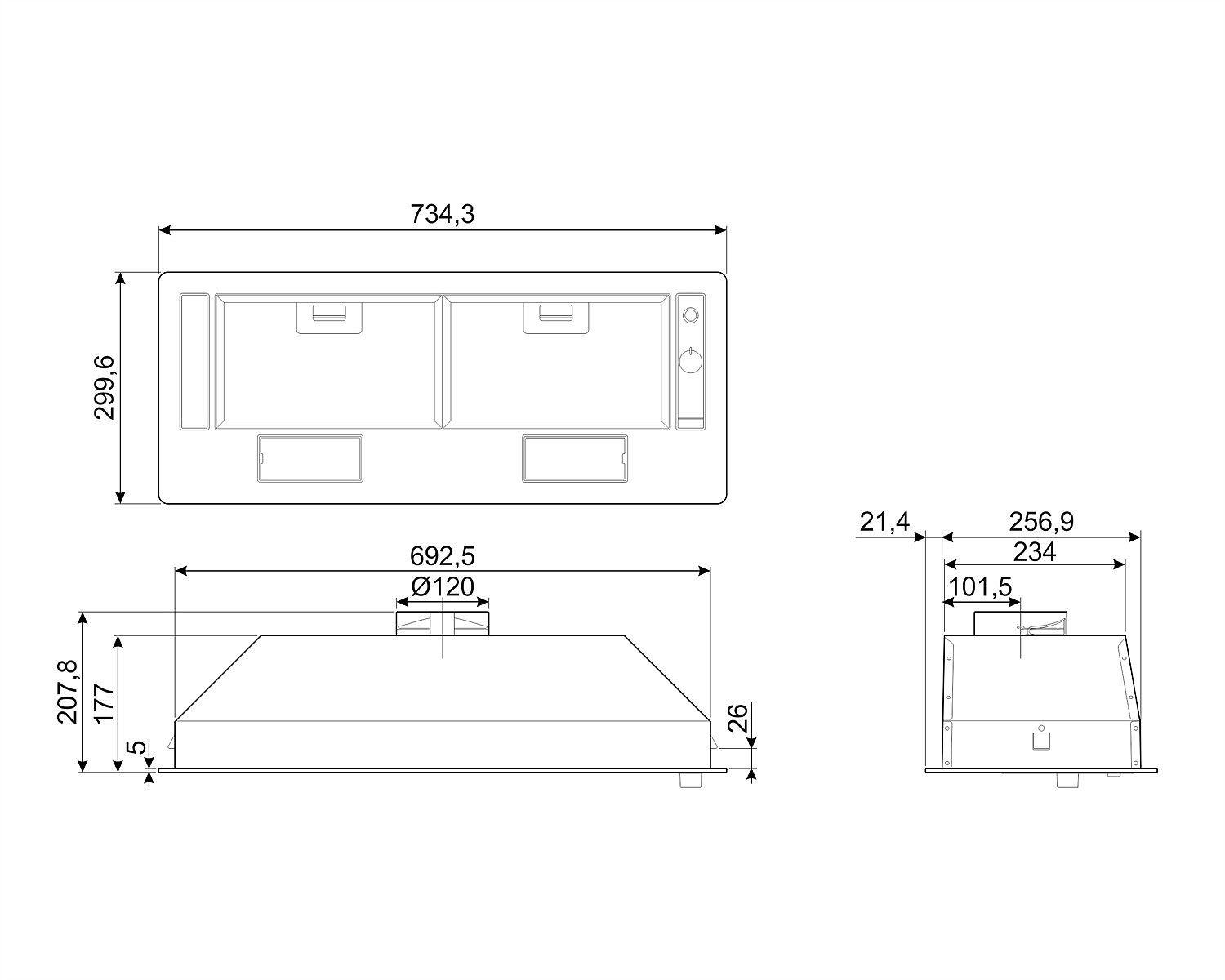 Diagrama de un extractor empotrado desde múltiples ángulos con dimensiones.