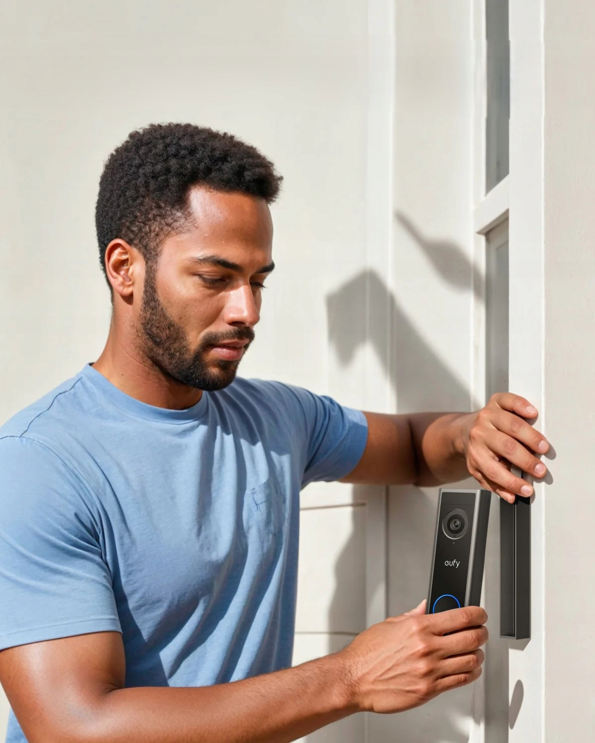 Mężczyzna instaluje czarny dzwonek do drzwi obok białej ościeżnicy.