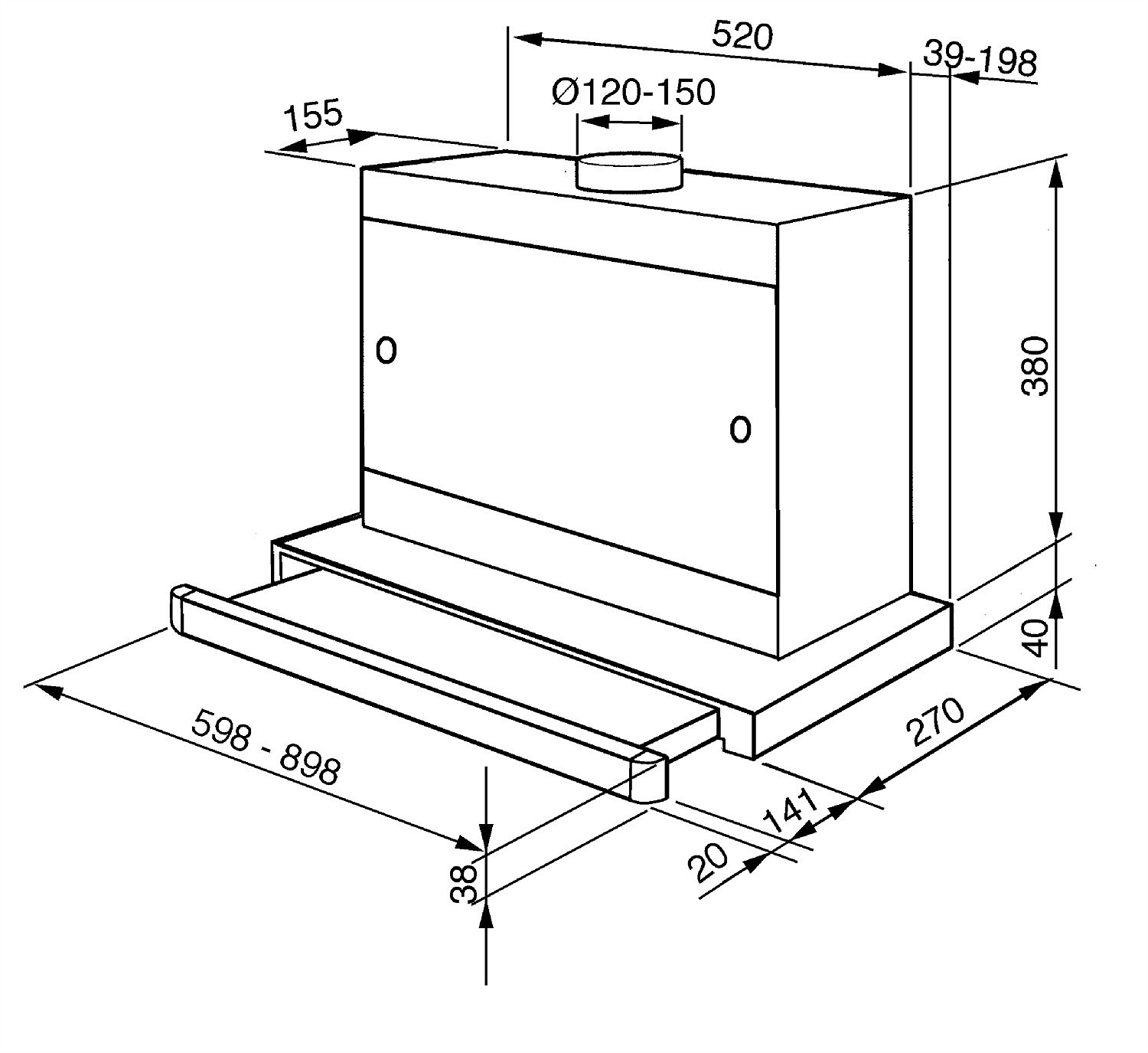 Dibujo técnico de un electrodoméstico de cocina rectangular con dimensiones, en mm, mostrando una vista lateral.