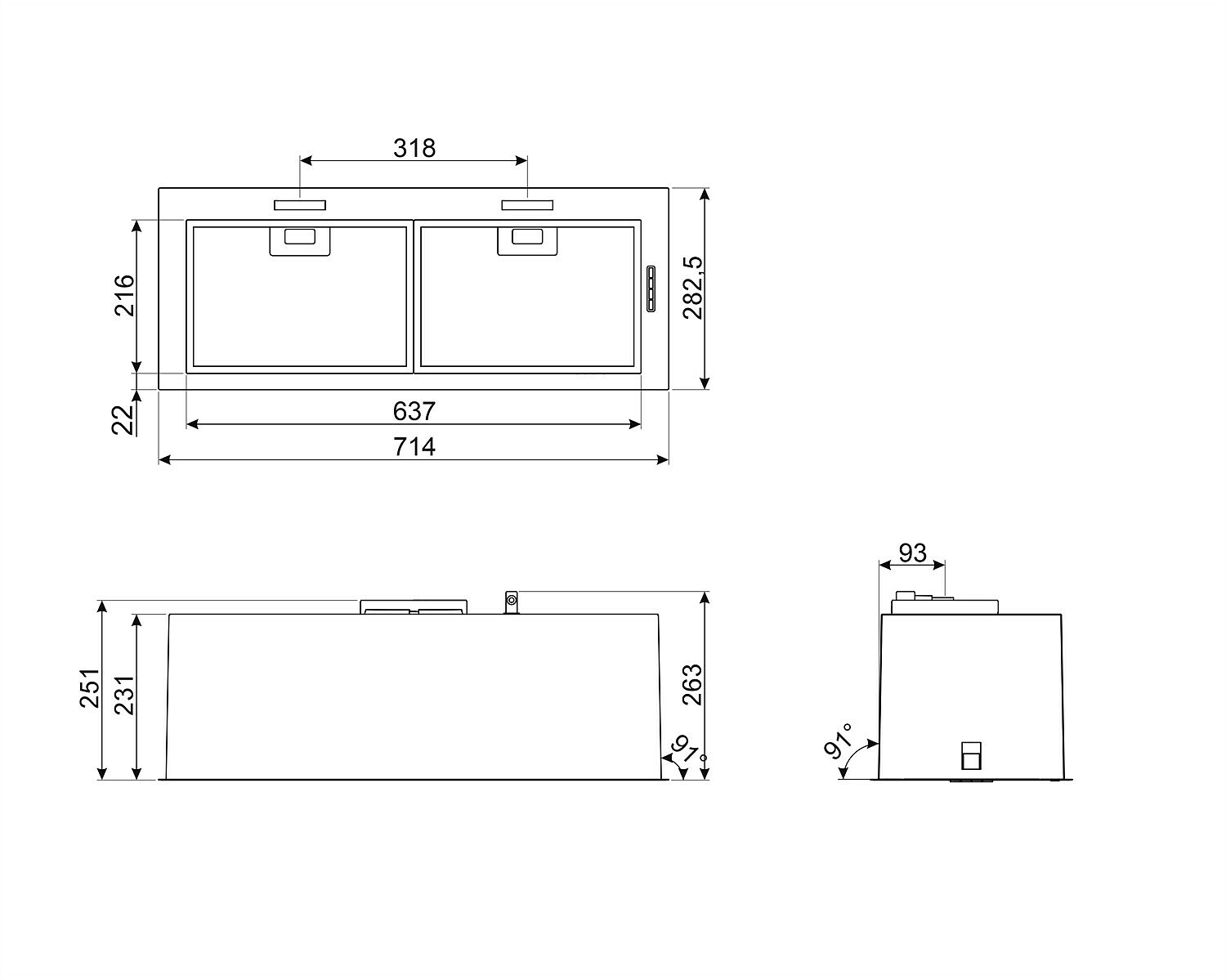 Dibujo técnico de un aparato rectangular con dimensiones en mm, mostrando vistas superior, lateral y frontal.