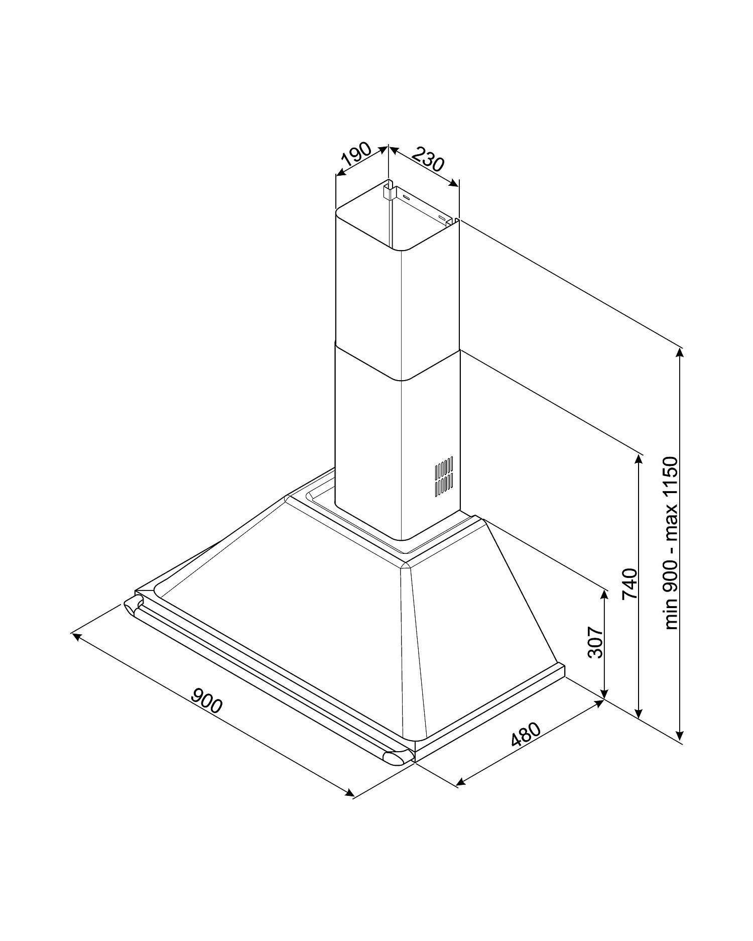 Dibujo técnico de una campana extractora con dimensiones en mm, mostrando una vista frontal con mediciones.