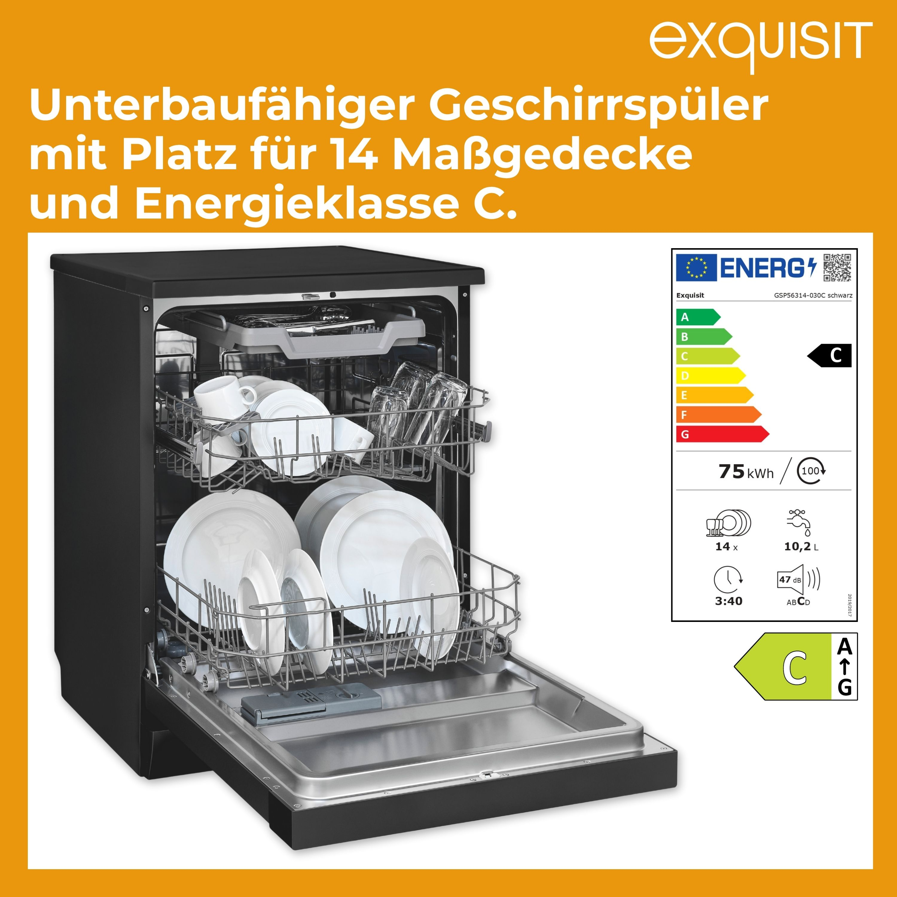 Schwarzer Geschirrspüler mit geöffneter Tür und Geschirr, mit Energielabel.