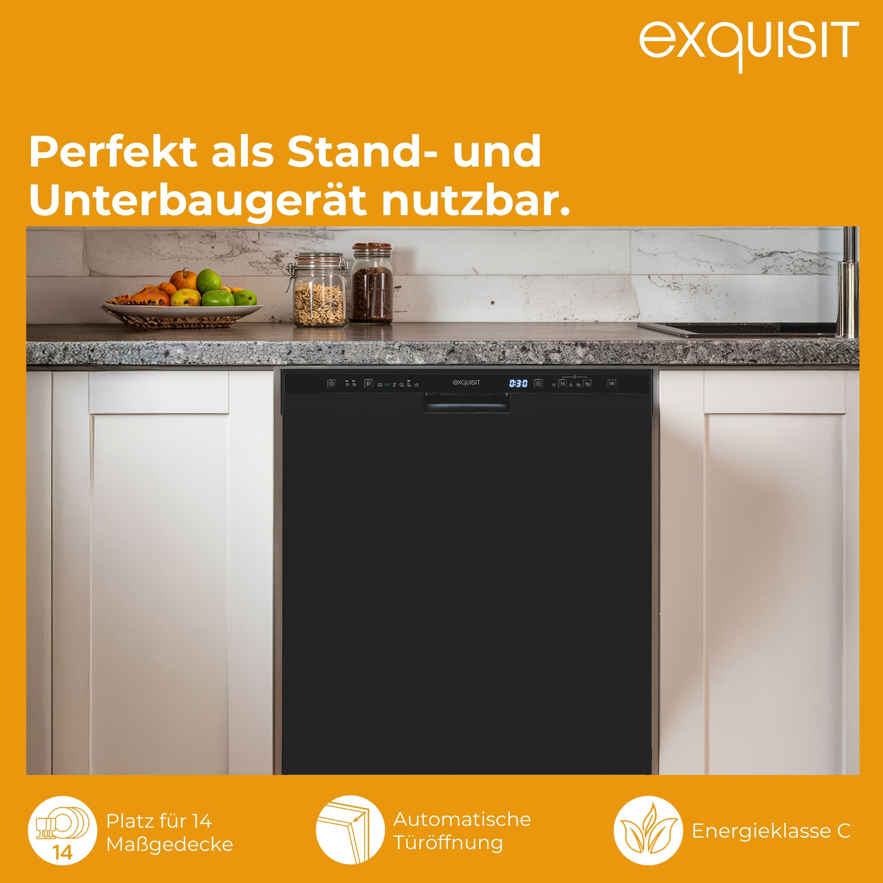 Schwarzer Geschirrspüler in einer Küchenumgebung. Text: 'Perfekt als Stand- und Unterbaugerät'.