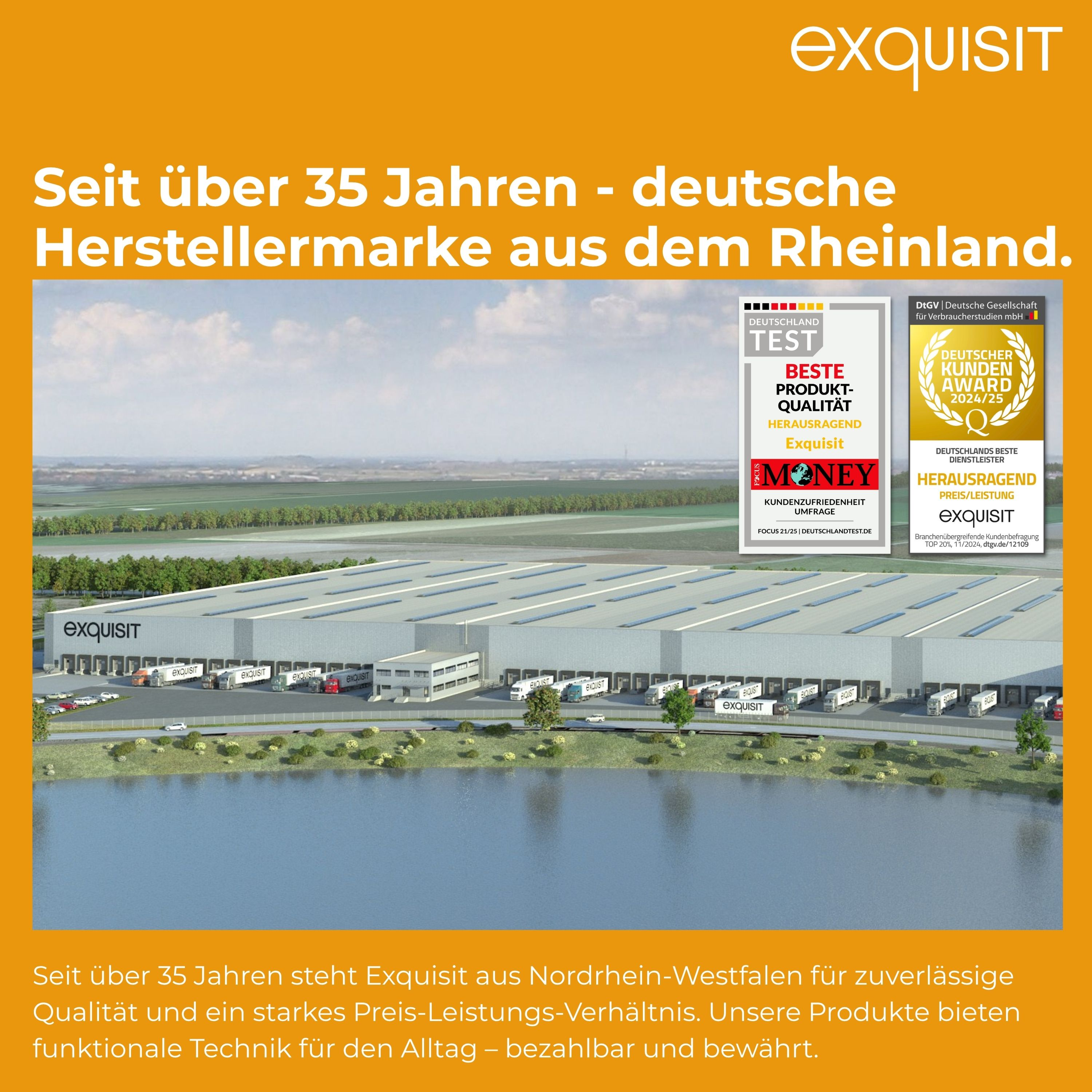 Ein Bild eines Gebäudes mit der Aufschrift 'exquisit' und einigen Auszeichnungen. Der Text besagt, dass es sich um eine deutsche Marke handelt.