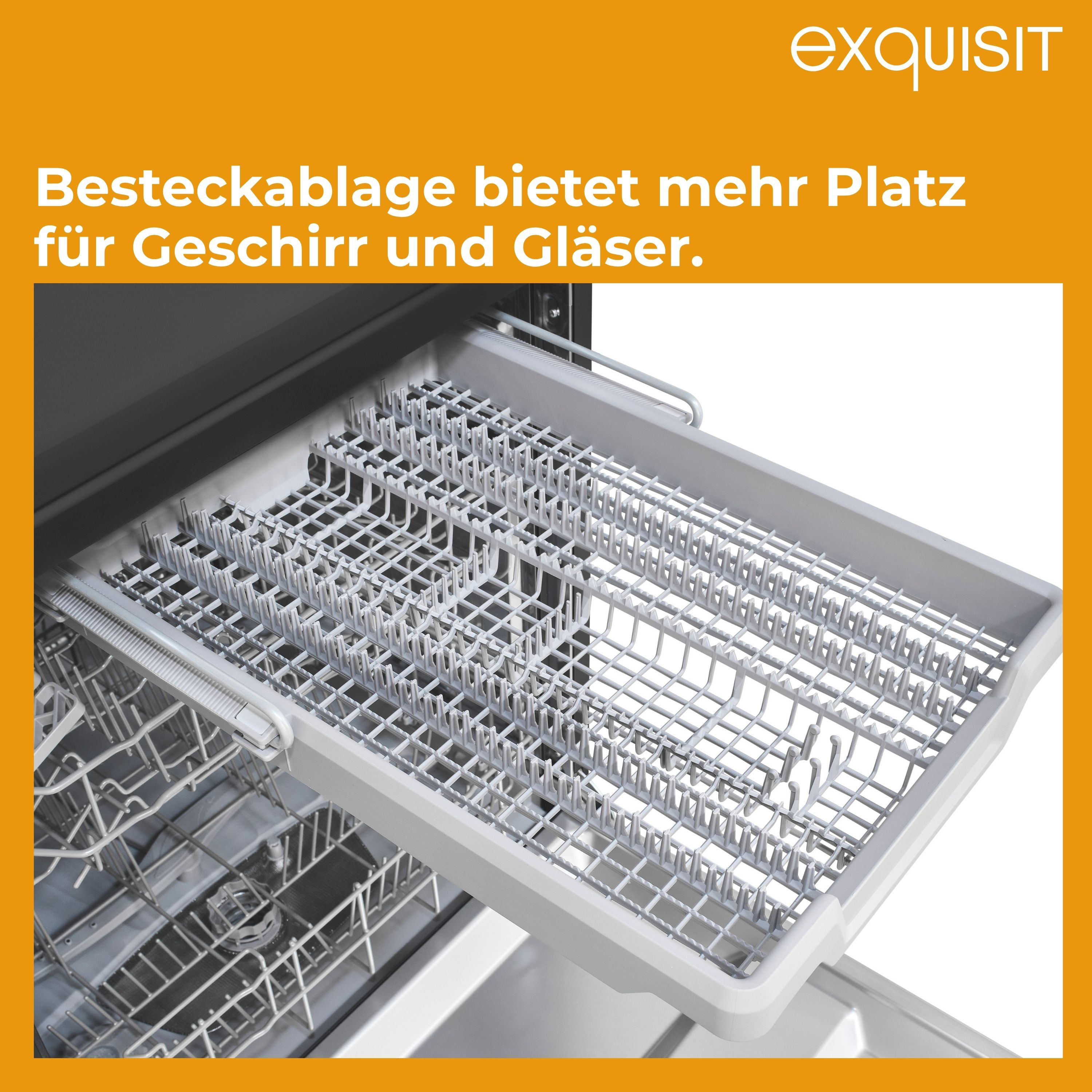 Geschirrspüler-Tablett mit Gitter, bietet mehr Platz für Geschirr und Gläser, mit dem Wort EXQUISIT.
