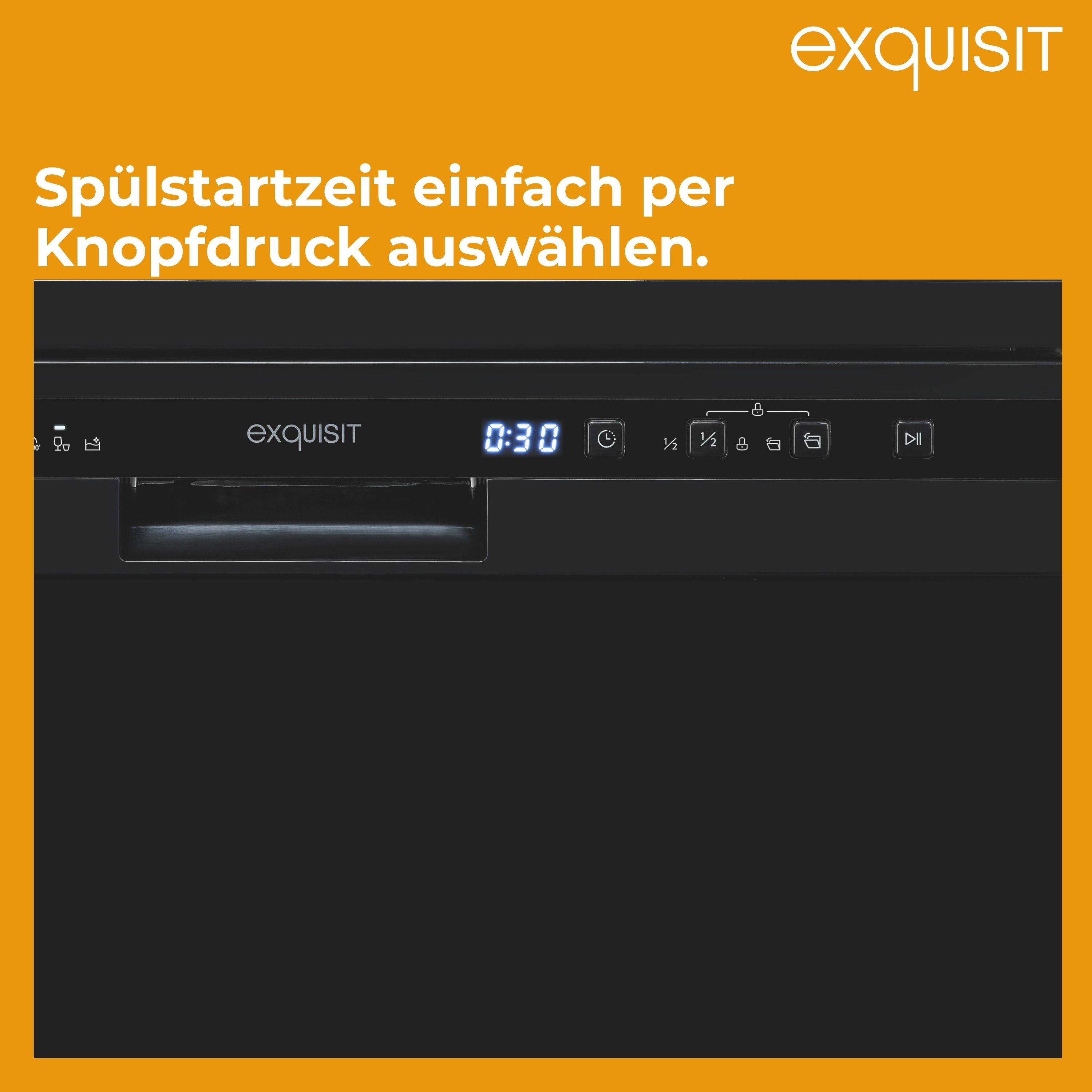 Ein schwarzes Geschirrspüler-Bedienfeld. Das Display zeigt '0:30'. Der Markenname 'exquisit' ist ebenfalls sichtbar.