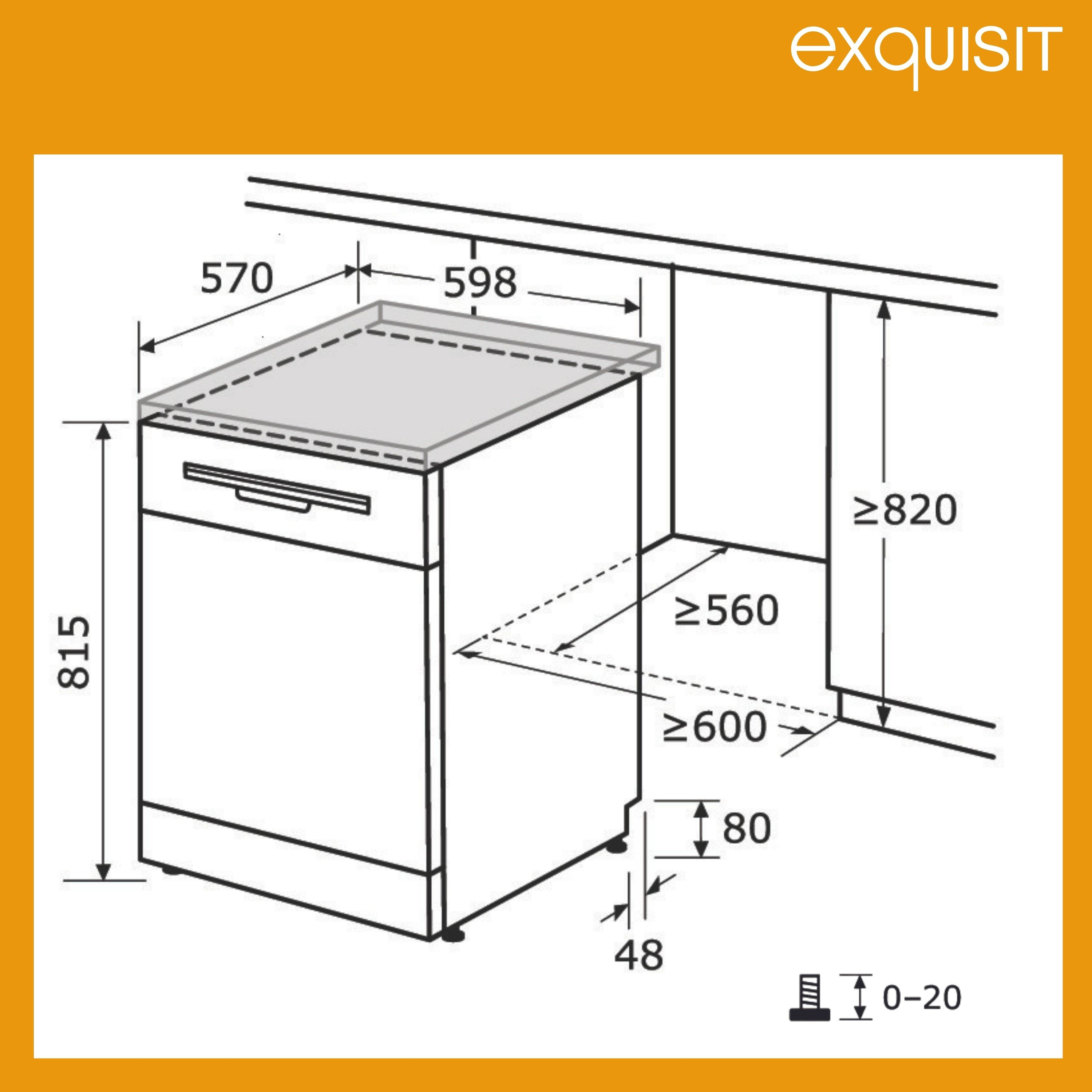 Diagramm mit Abmessungen für den Einbau eines Geschirrspülers.