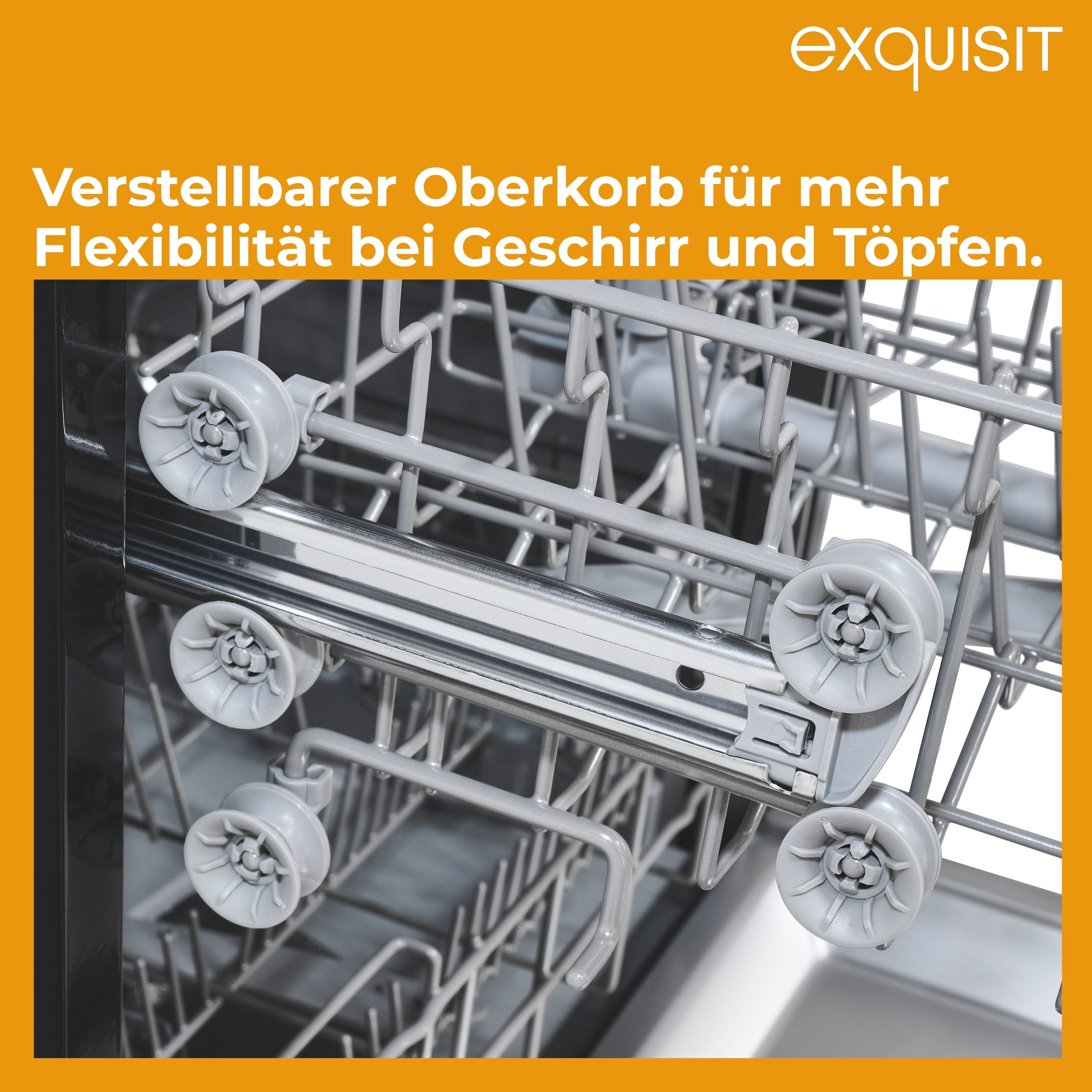 Nahaufnahme eines Geschirrspülergestells mit verstellbaren Rädern, Text: 'Verstellbarer Oberkorb'.