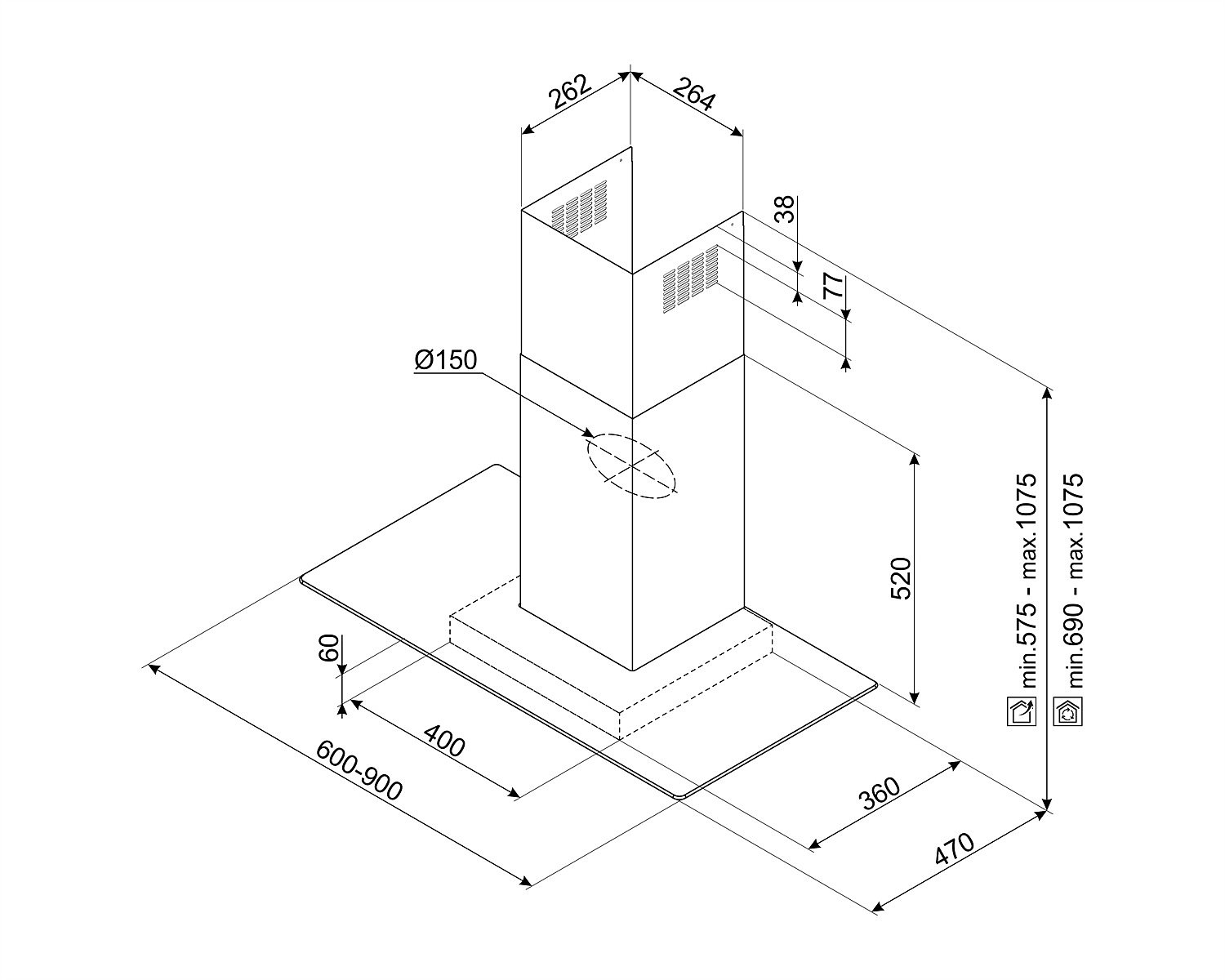 Dibujo técnico de una campana extractora moderna con dimensiones, que muestra su altura, anchura y profundidad.