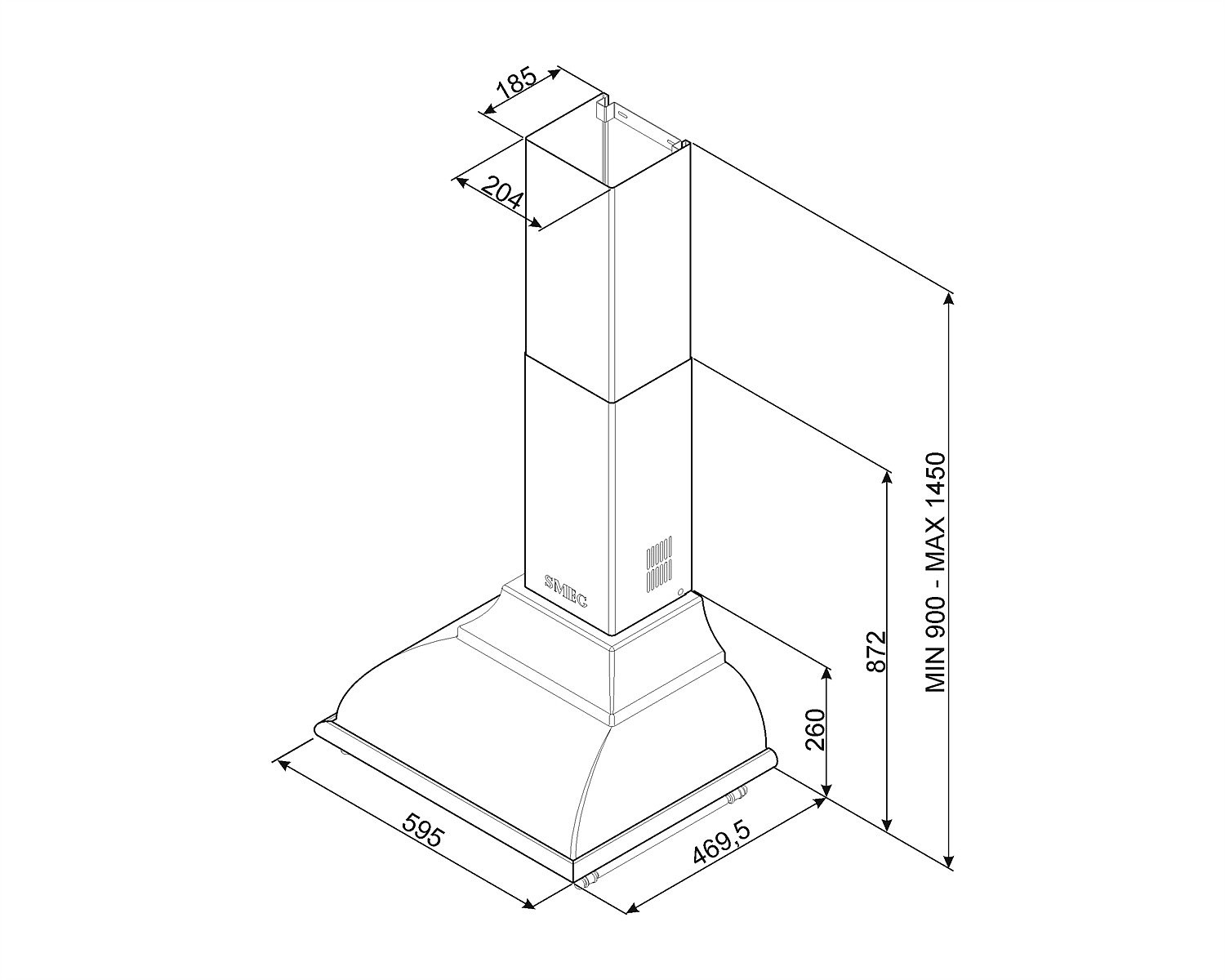 Dibujo técnico isométrico de una campana extractora tradicional con dimensiones, que muestra su altura, anchura y profundidad.