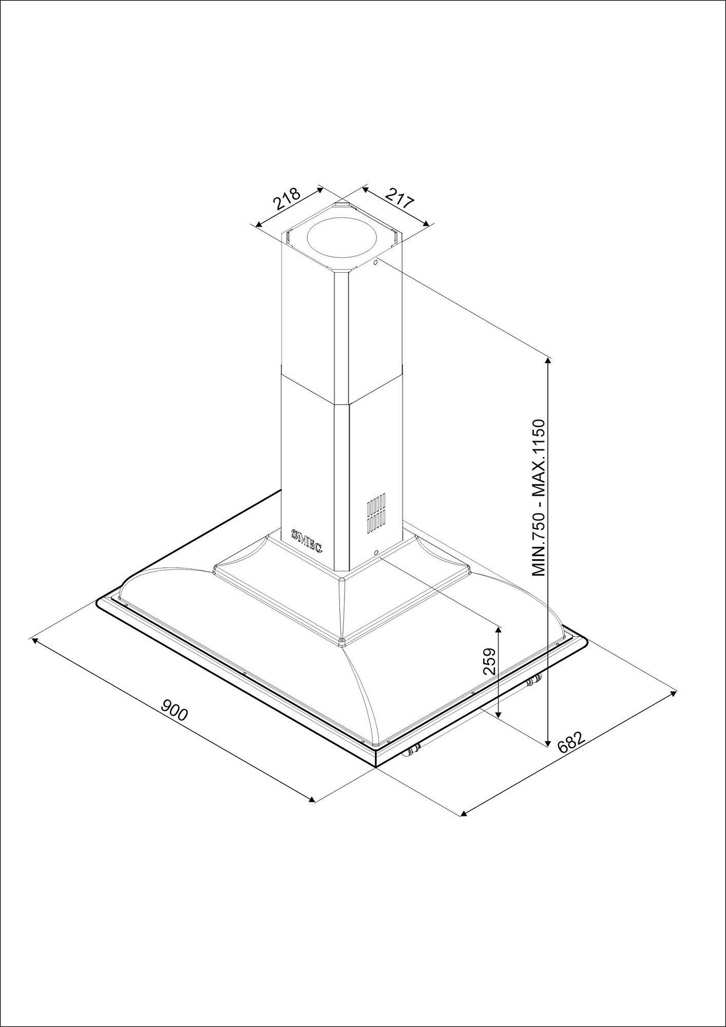 Un dibujo técnico de una campana extractora. Muestra dimensiones y la estructura general. La campana es blanca.