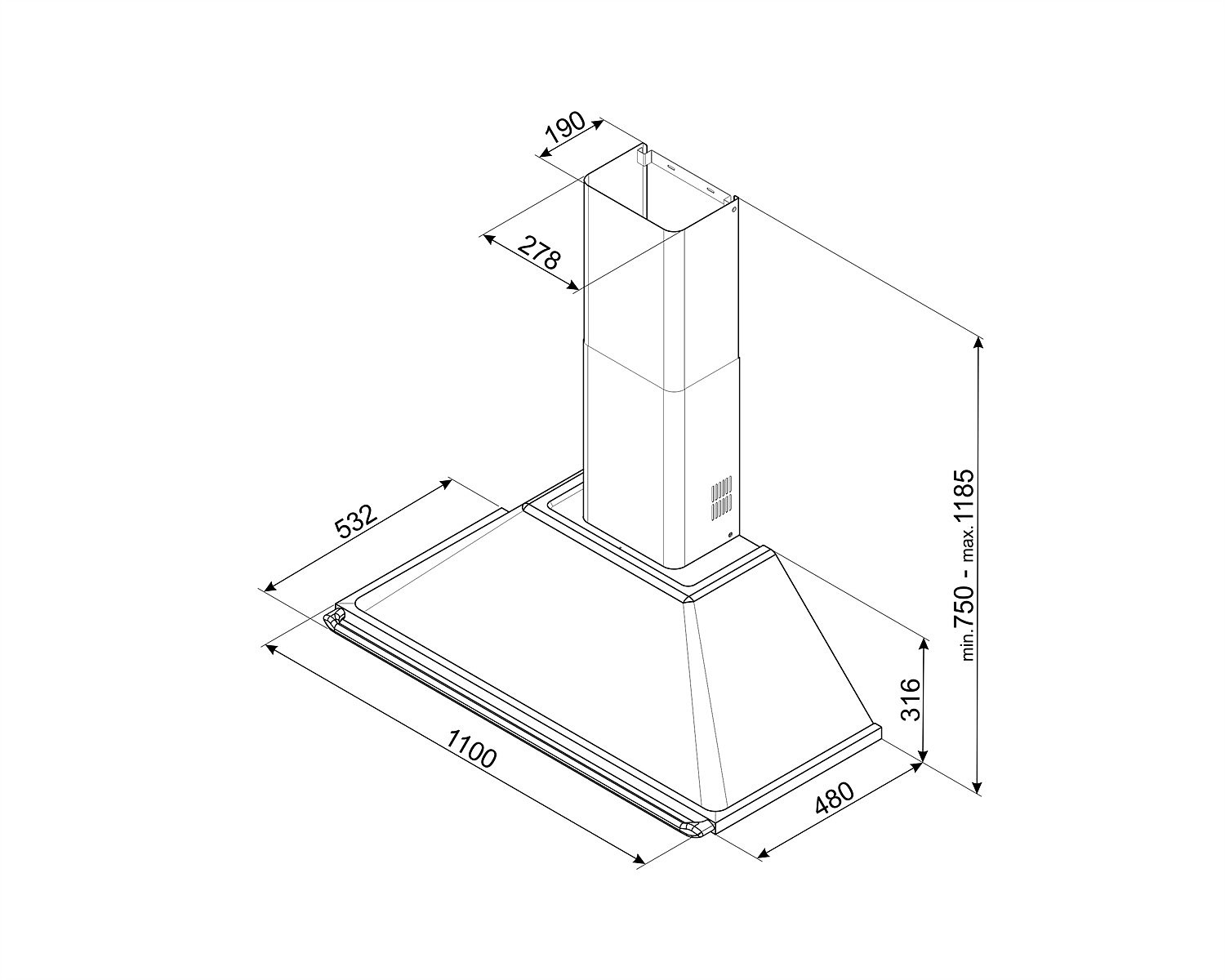 Un dibujo técnico de una campana extractora. Muestra dimensiones y la estructura general. La campana es gris.