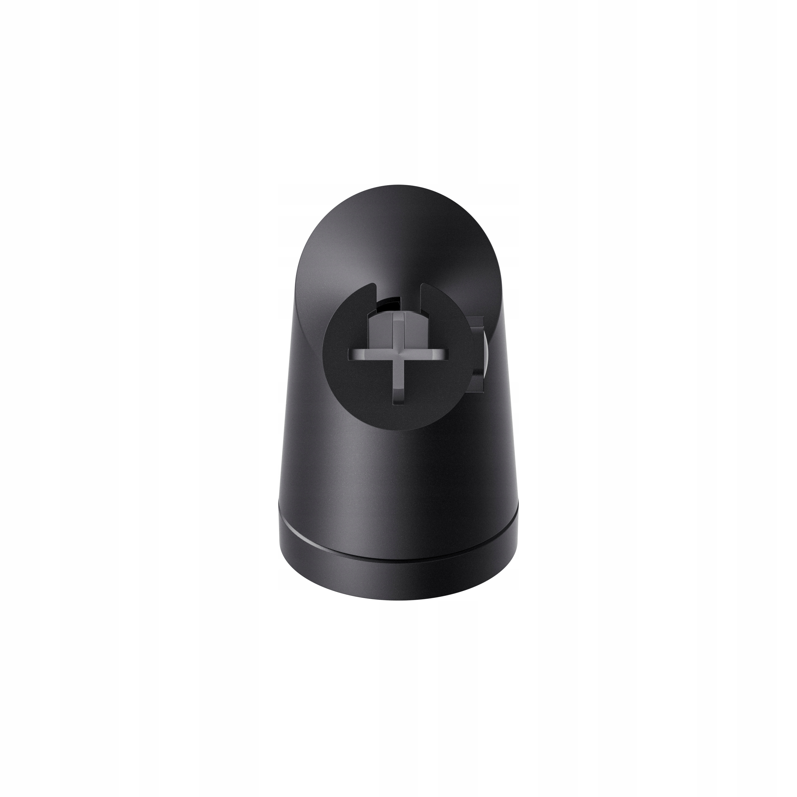 Czarna stacja ładująca z wycięciem w kształcie plusa na górze. Stojak ma okrągłą podstawę i skośne boki.