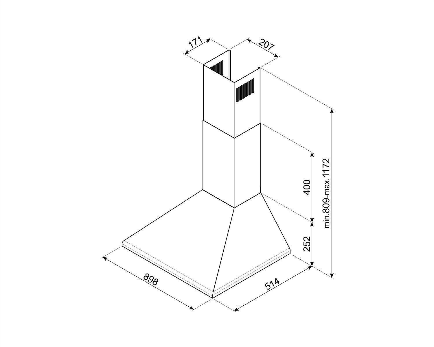 Dibujo técnico de una campana extractora con dimensiones y piezas en un diseño esquemático.
