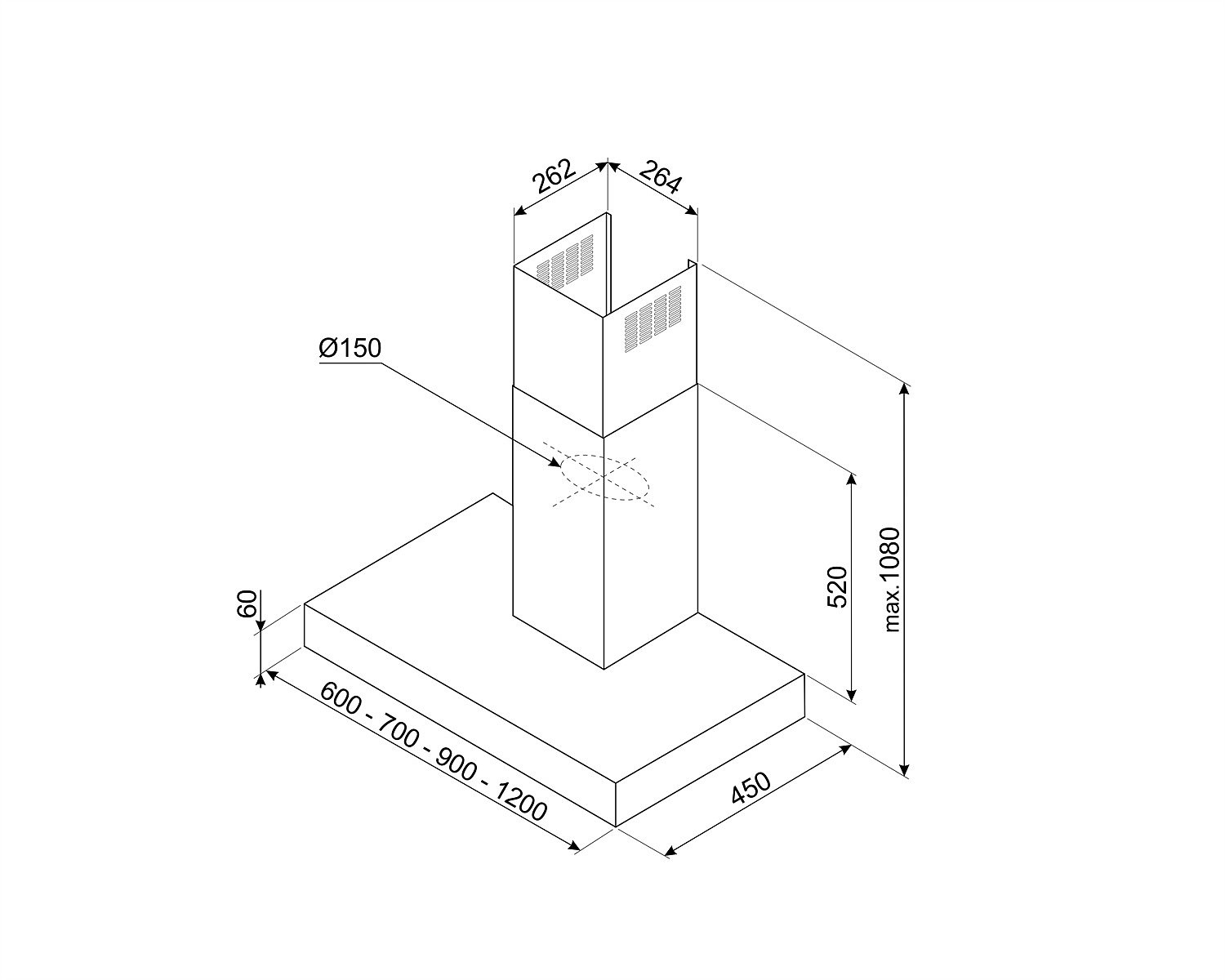 Diagrama de una campana extractora de cocina, que muestra las dimensiones. Es rectangular, con una chimenea que se extiende hacia arriba.