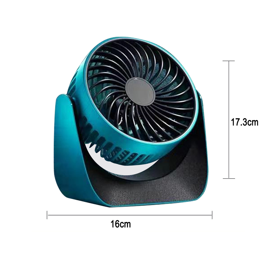 Ein türkisblauer Ventilator mit schwarzen Flügeln und einem dunklen Sockel. Der Ventilator hat ein kreisförmiges Design und ist eingeschaltet.