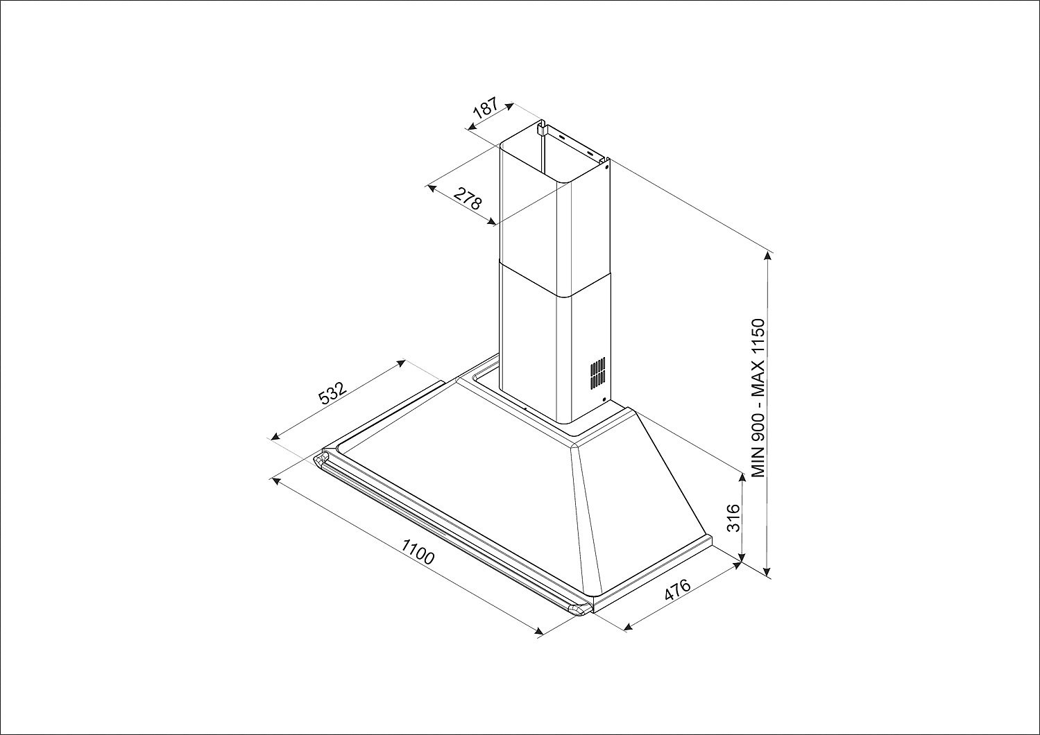 Dibujo técnico de una campana extractora que muestra dimensiones y componentes en una representación esquemática.