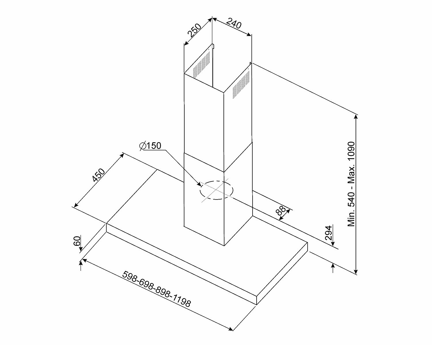 Dibujo técnico de una campana extractora con dimensiones y piezas en un diseño esquemático.