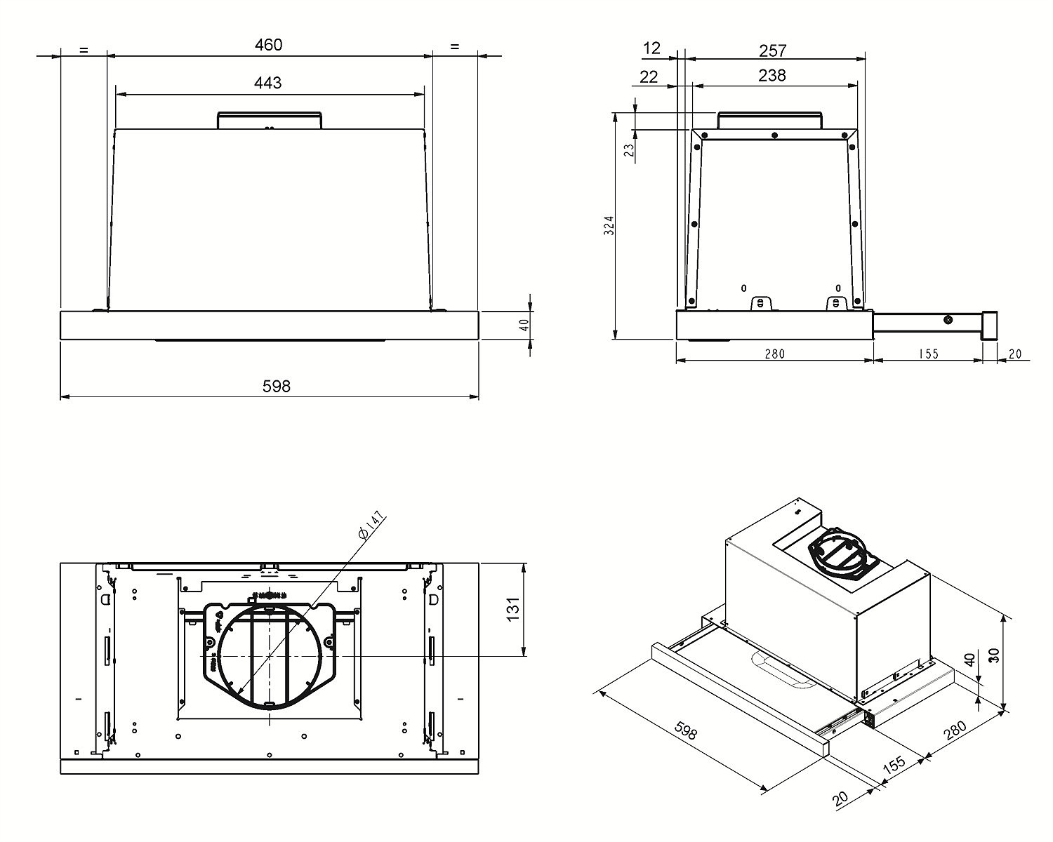 Dibujo técnico de una campana extractora que muestra dimensiones y componentes en una representación esquemática.