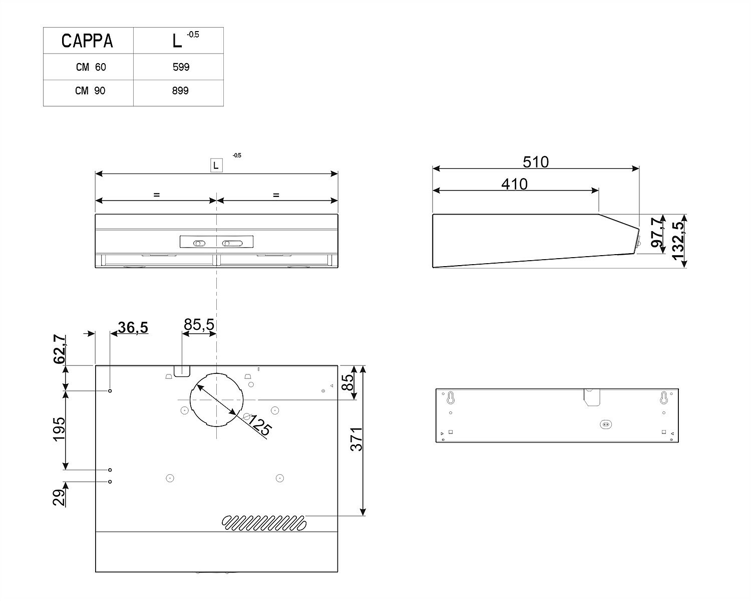 Dibujo técnico de una campana de cocina que muestra las dimensiones y los componentes en un diseño esquemático.