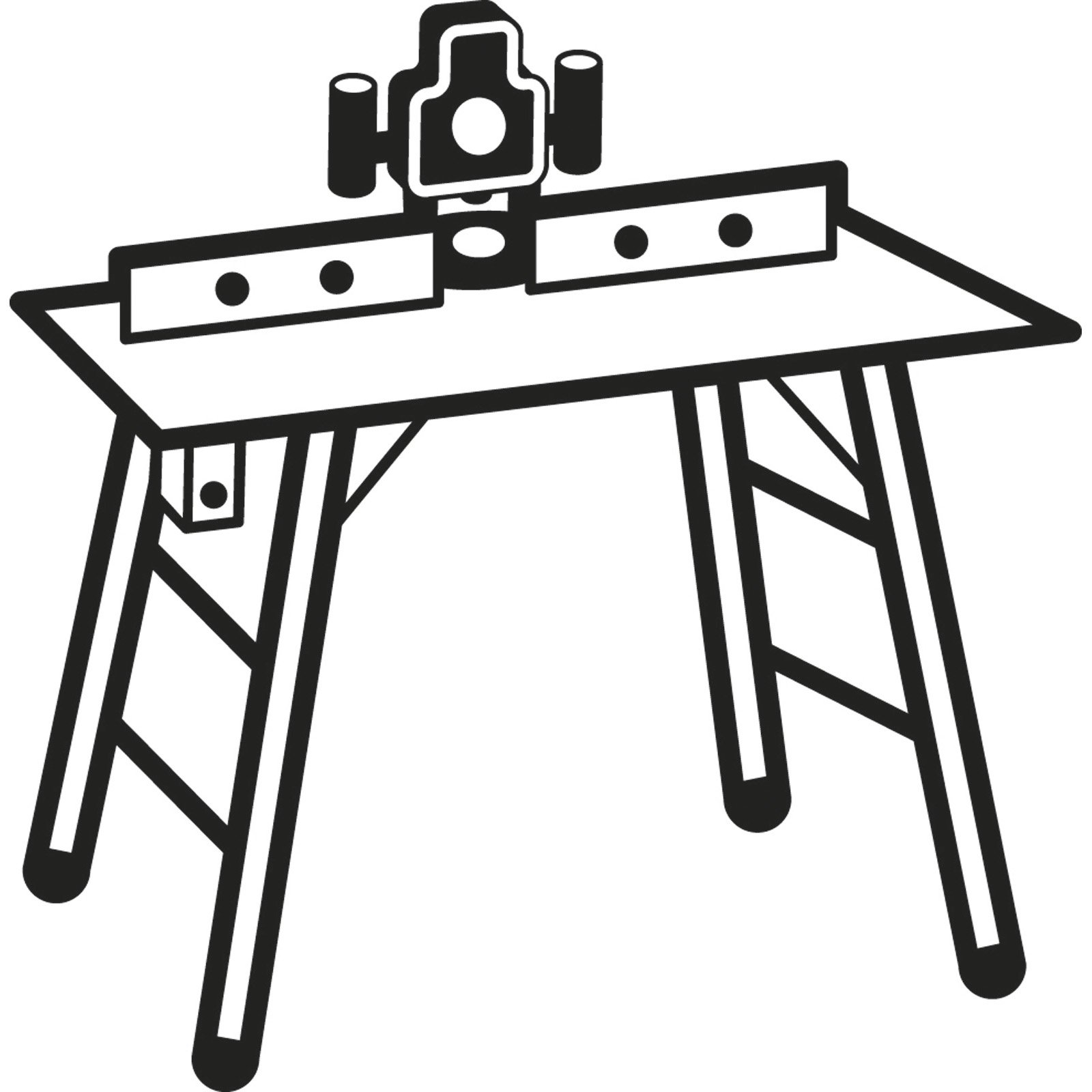 Schwarz-Weiß-Illustration eines Holzbearbeitungs-Frästisches.