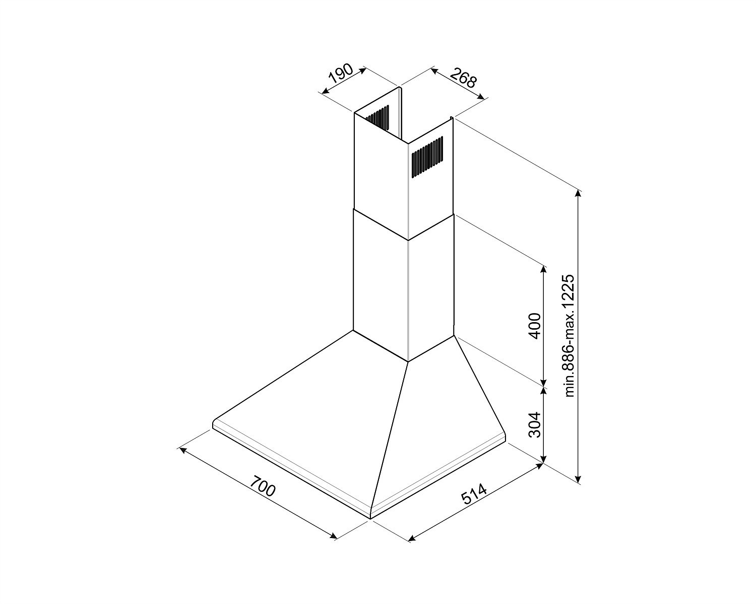 Un dibujo técnico de una campana extractora con dimensiones.