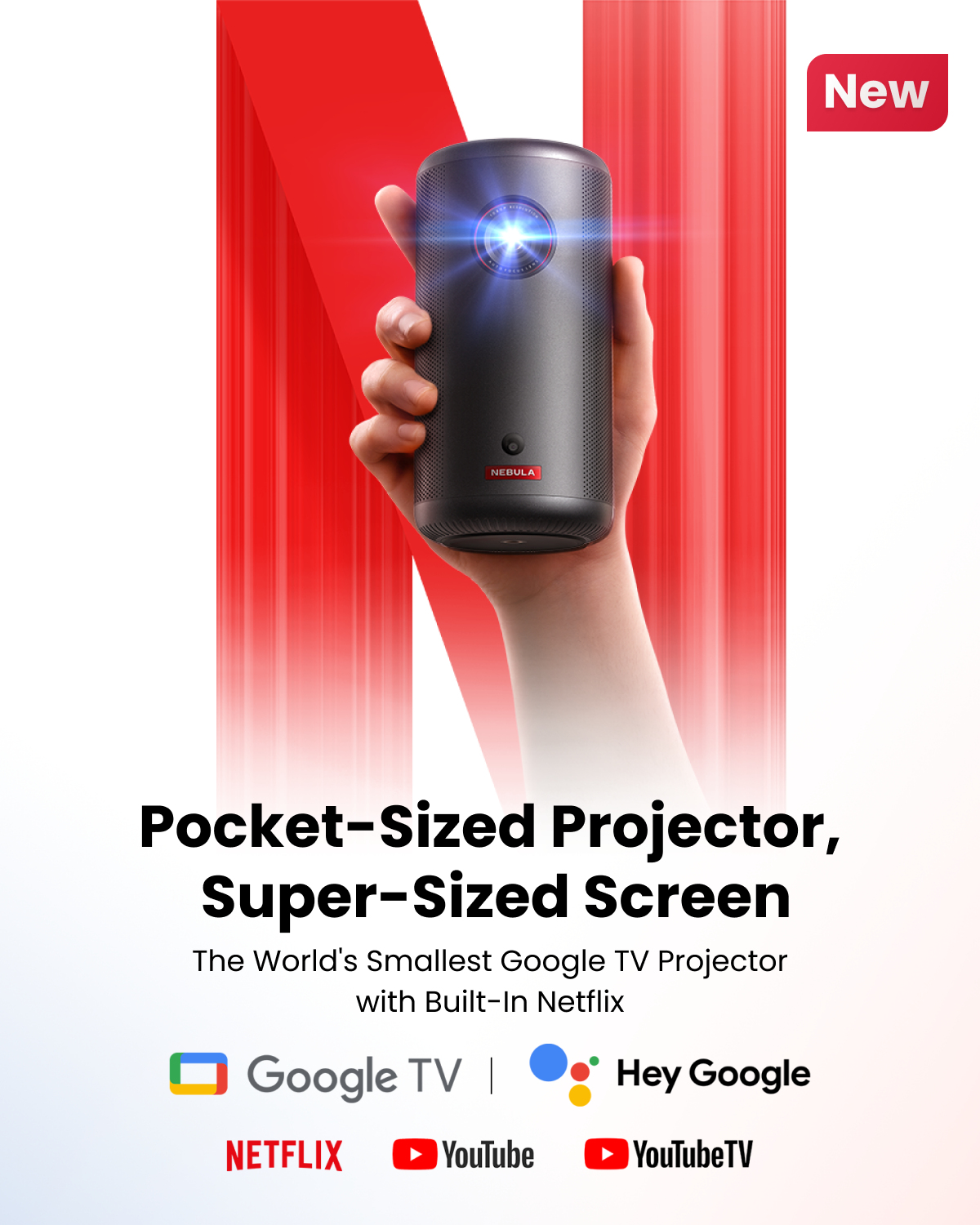 Czarny projektor trzymany w dłoni, ze słowem 'Nowość' i tekstem o Google TV i Netflix.
