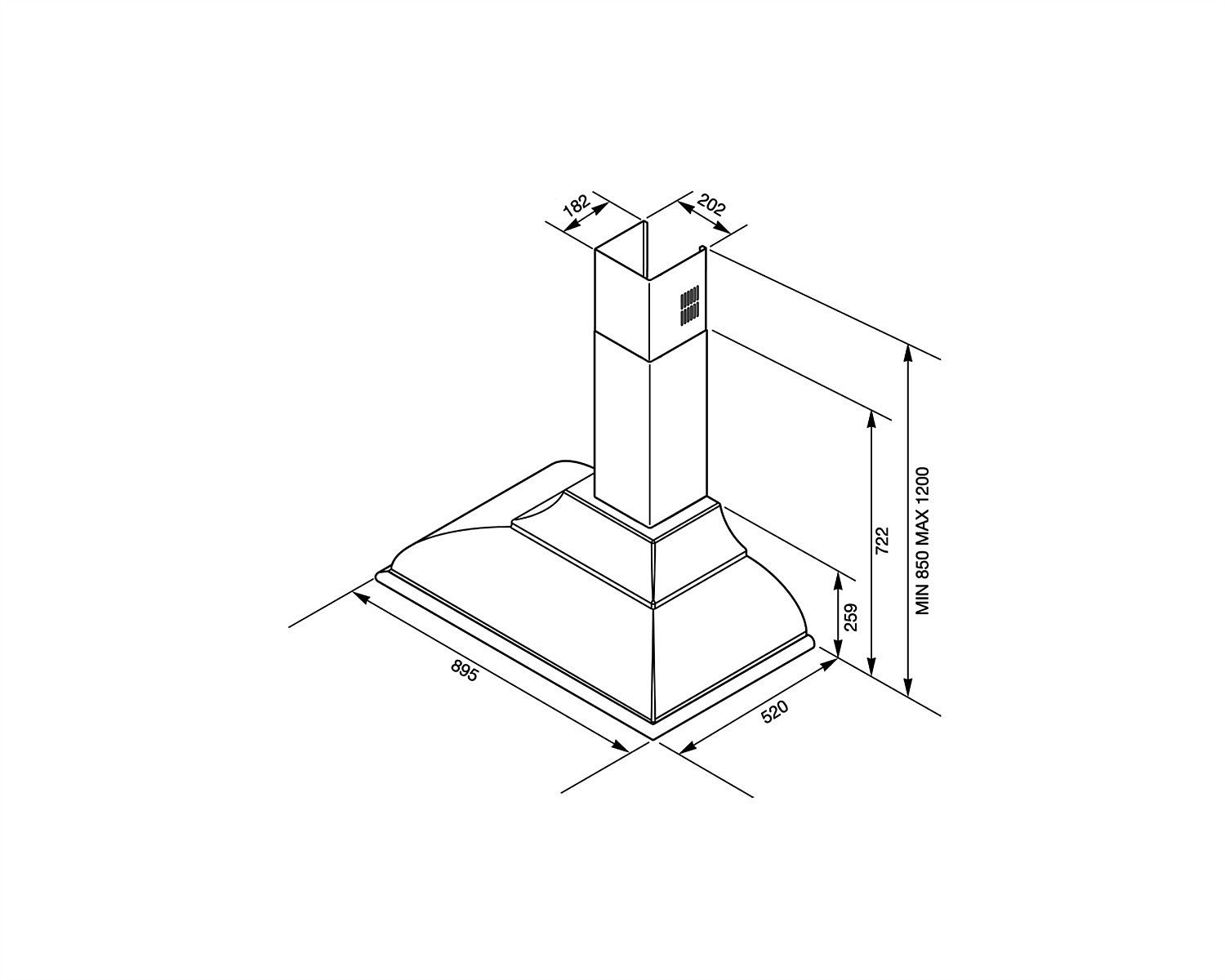 Vista isométrica de una campana extractora con dimensiones. Forma rectangular.