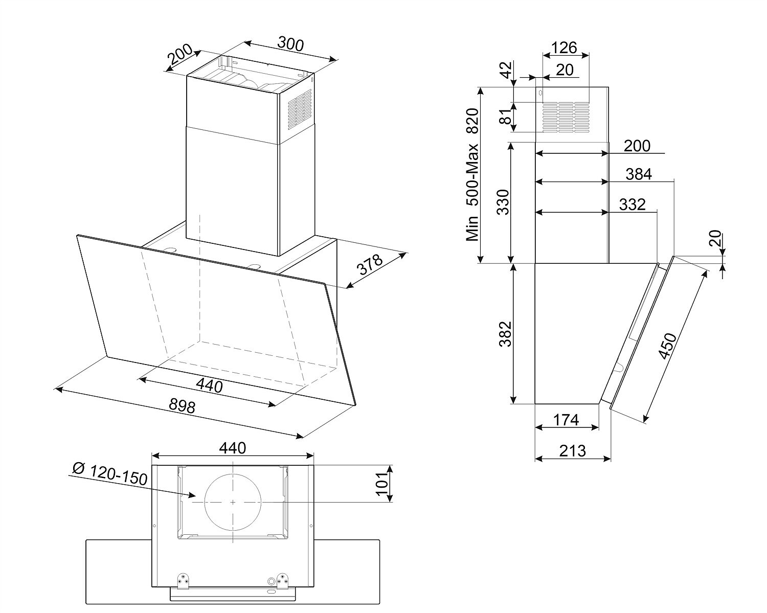 Dibujo técnico de una campana extractora con dimensiones. Incluye vistas superior, frontal y lateral con medidas en milímetros.
