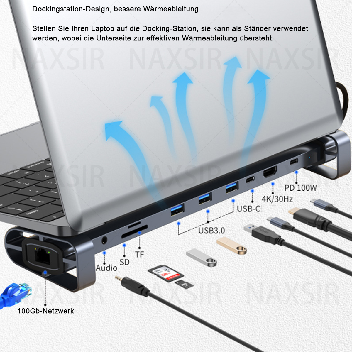 Laptop, der mit einer Dockingstation mit verschiedenen Anschlüssen verbunden ist. Kabel und Zubehör sind ebenfalls sichtbar.
